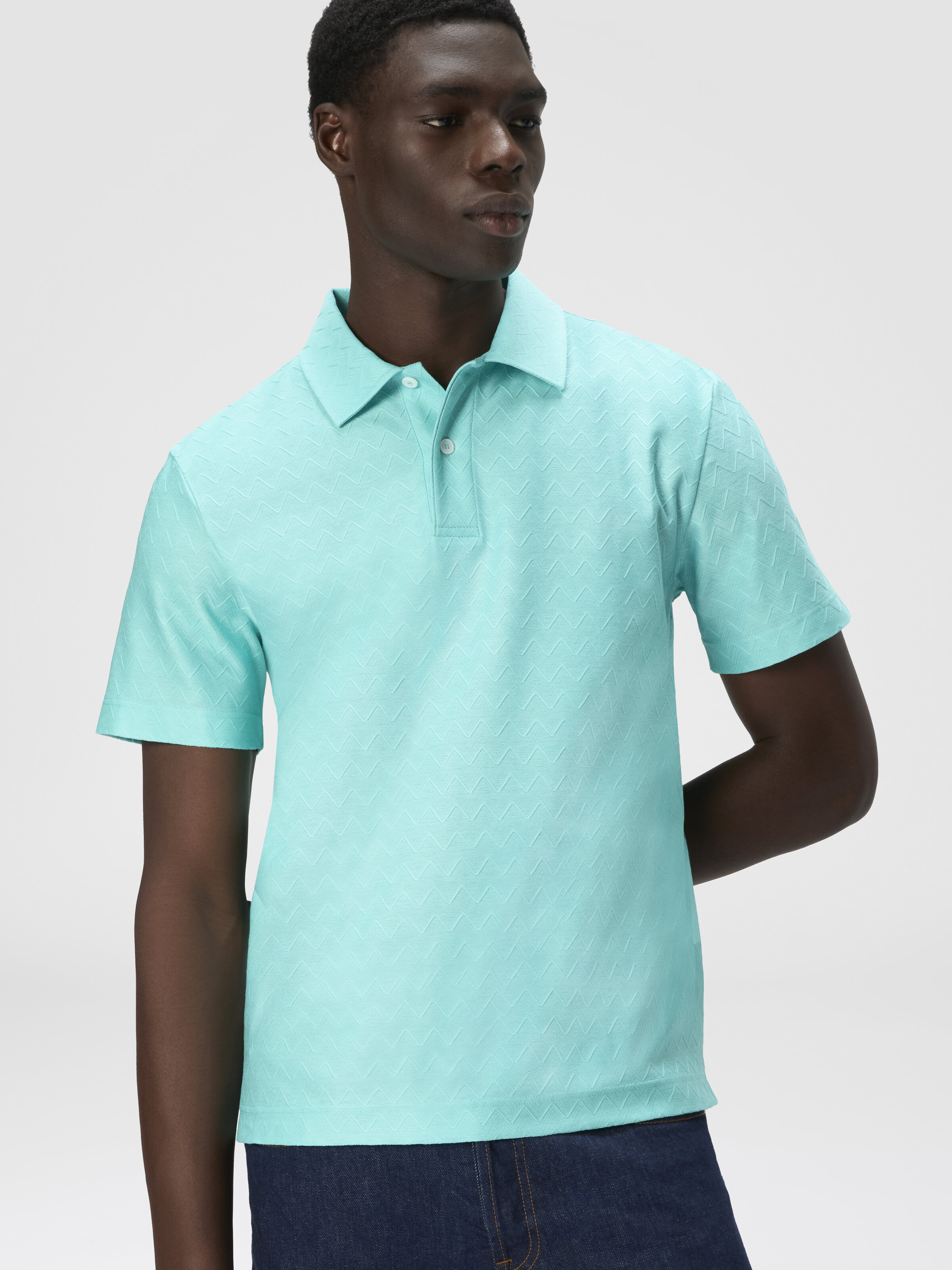 Polo de punto de algodón en zigzag tonal, Turquesa  - 3