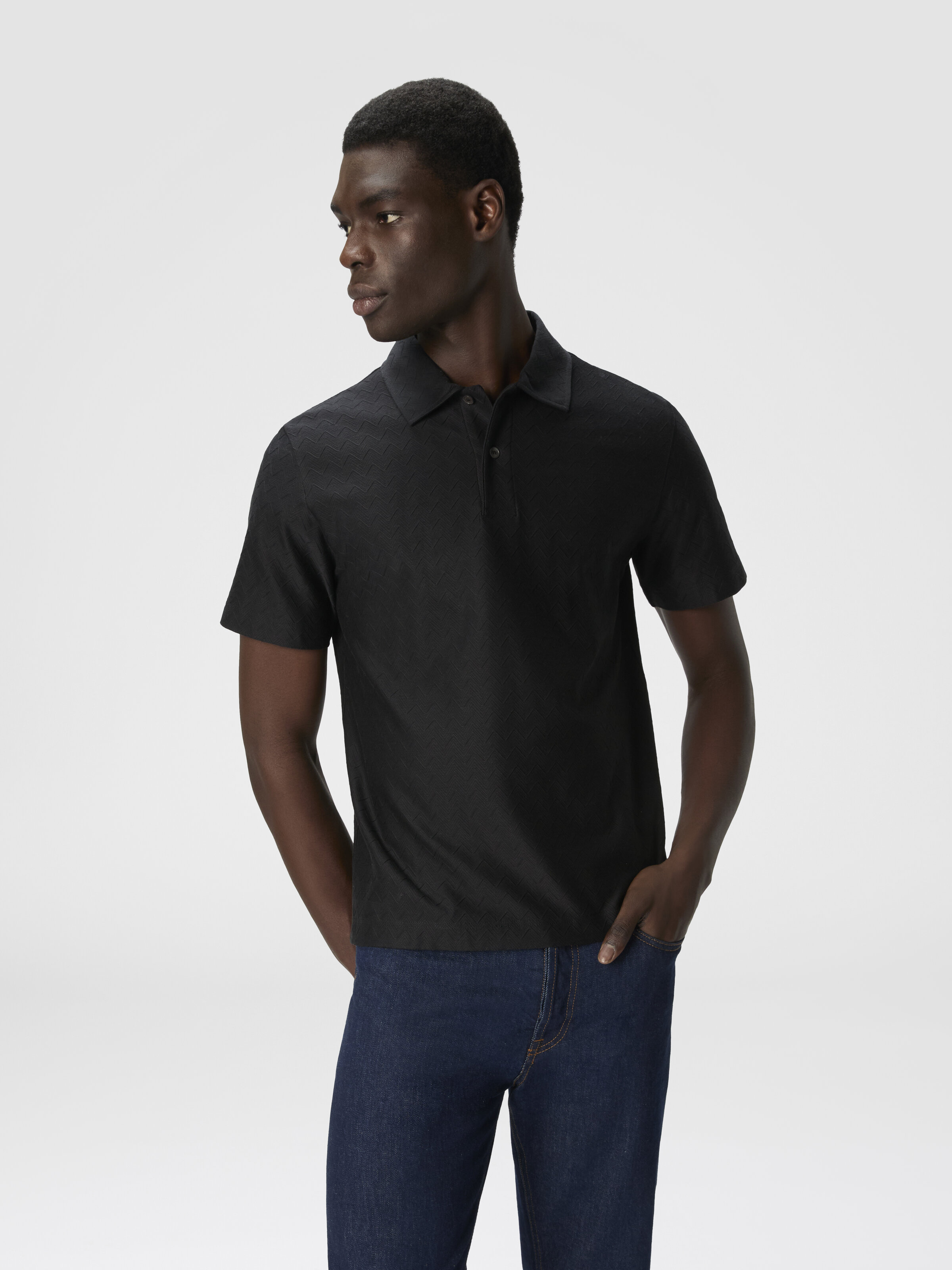 Tonal zigzag cotton jersey polo shirt, Grey - 3