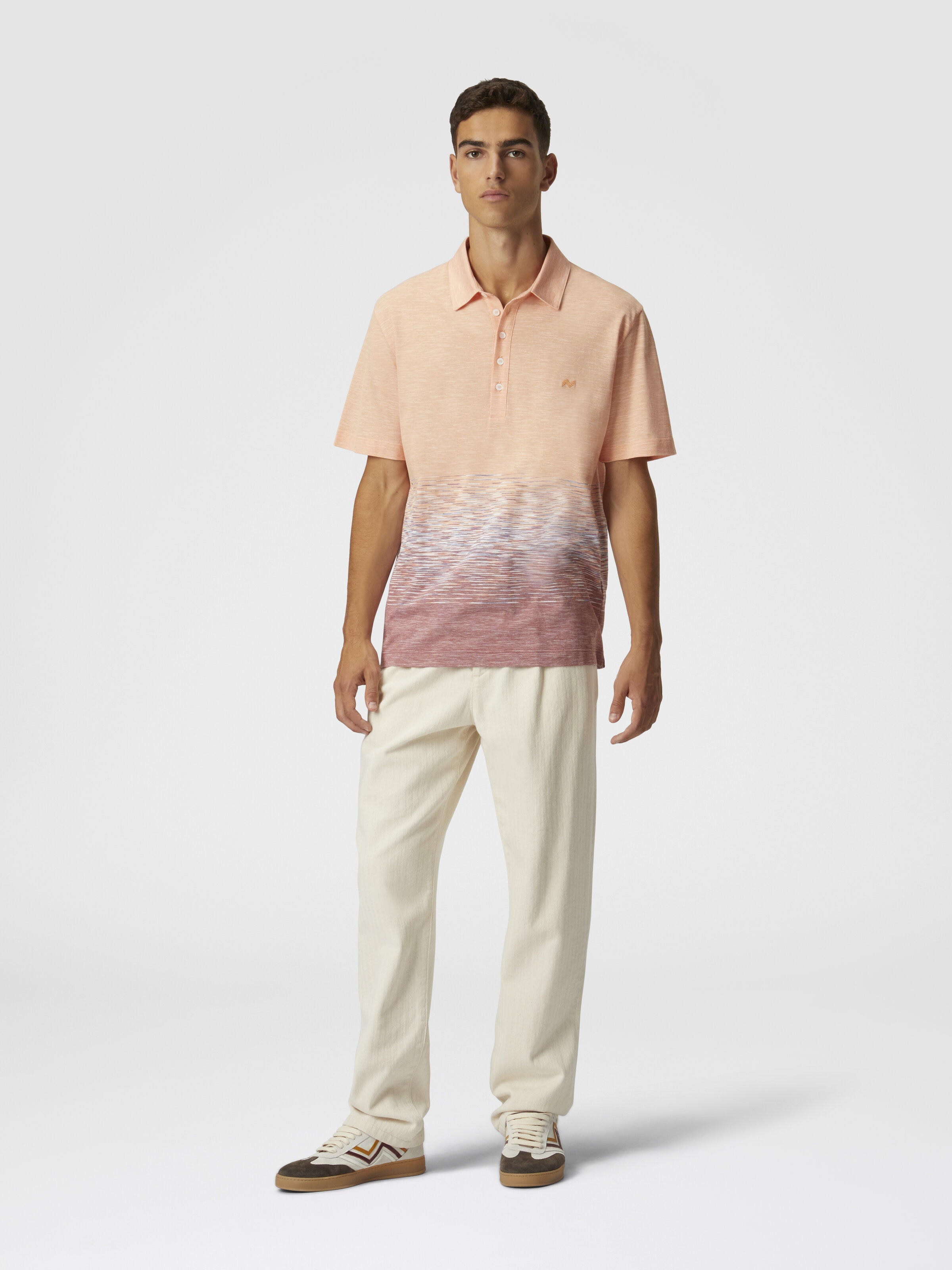 Slub cotton and linen polo shirt with zigzag embroidery, Orange & Red  - 1
