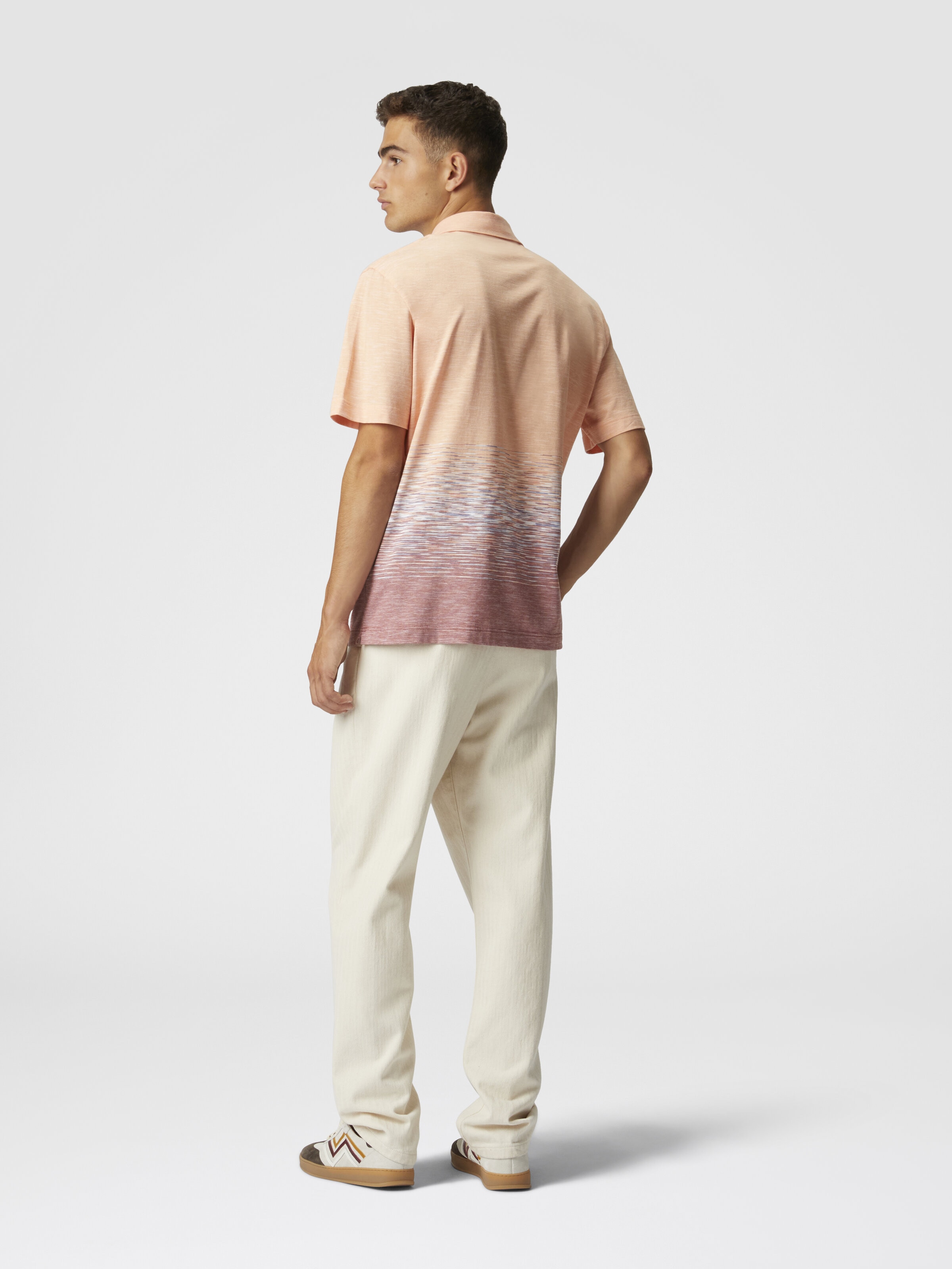 Slub cotton and linen polo shirt with zigzag embroidery, Orange & Red  - 2