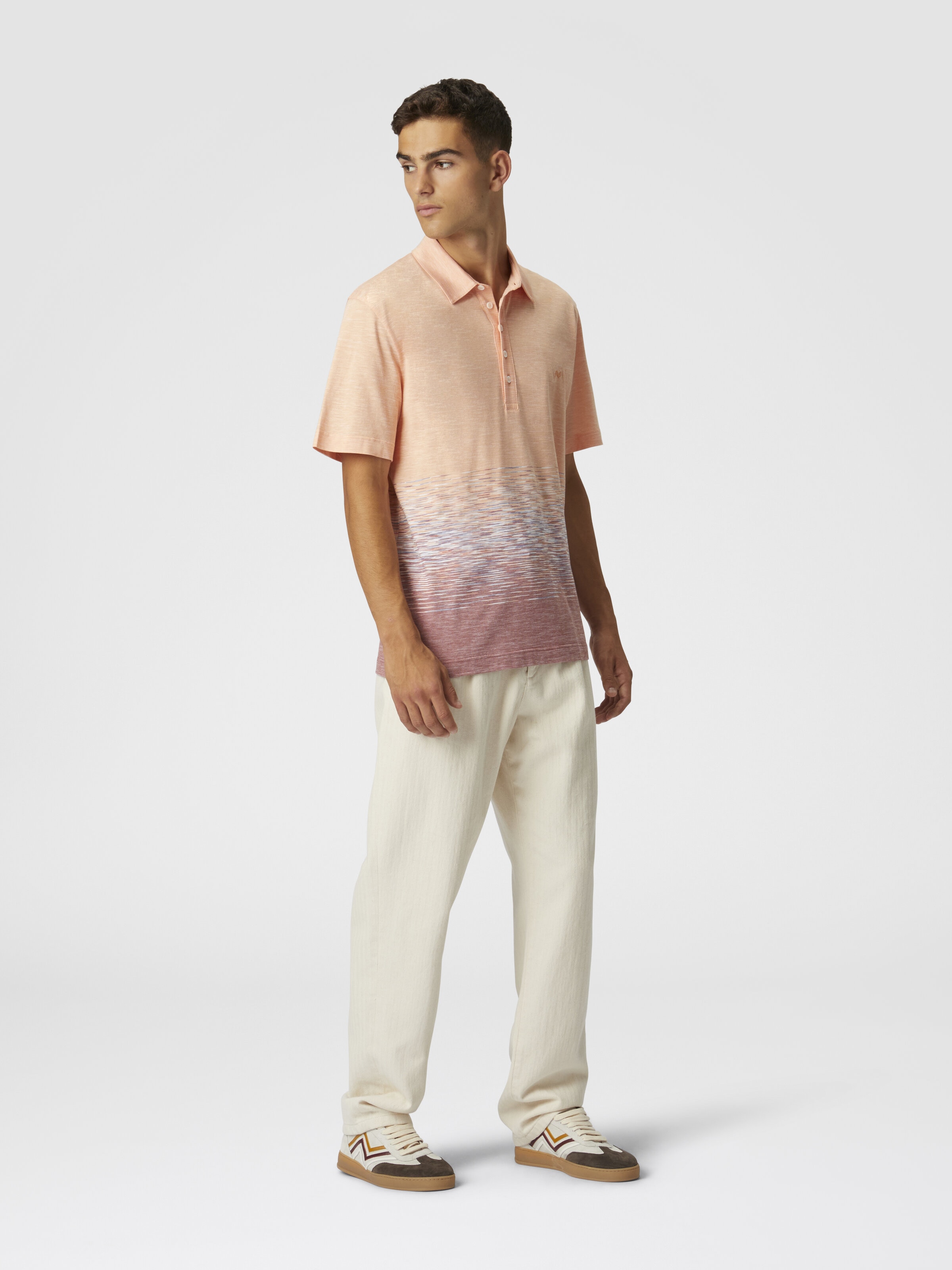 Slub cotton and linen polo shirt with zigzag embroidery, Orange & Red  - 3