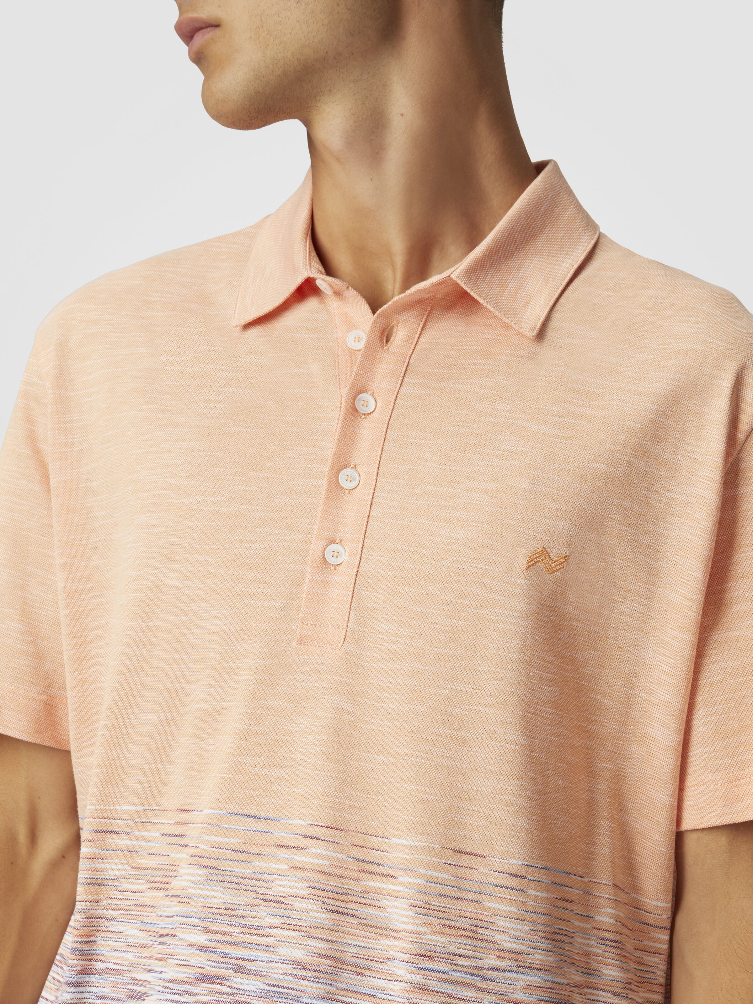 Slub cotton and linen polo shirt with zigzag embroidery, Orange & Red  - 4