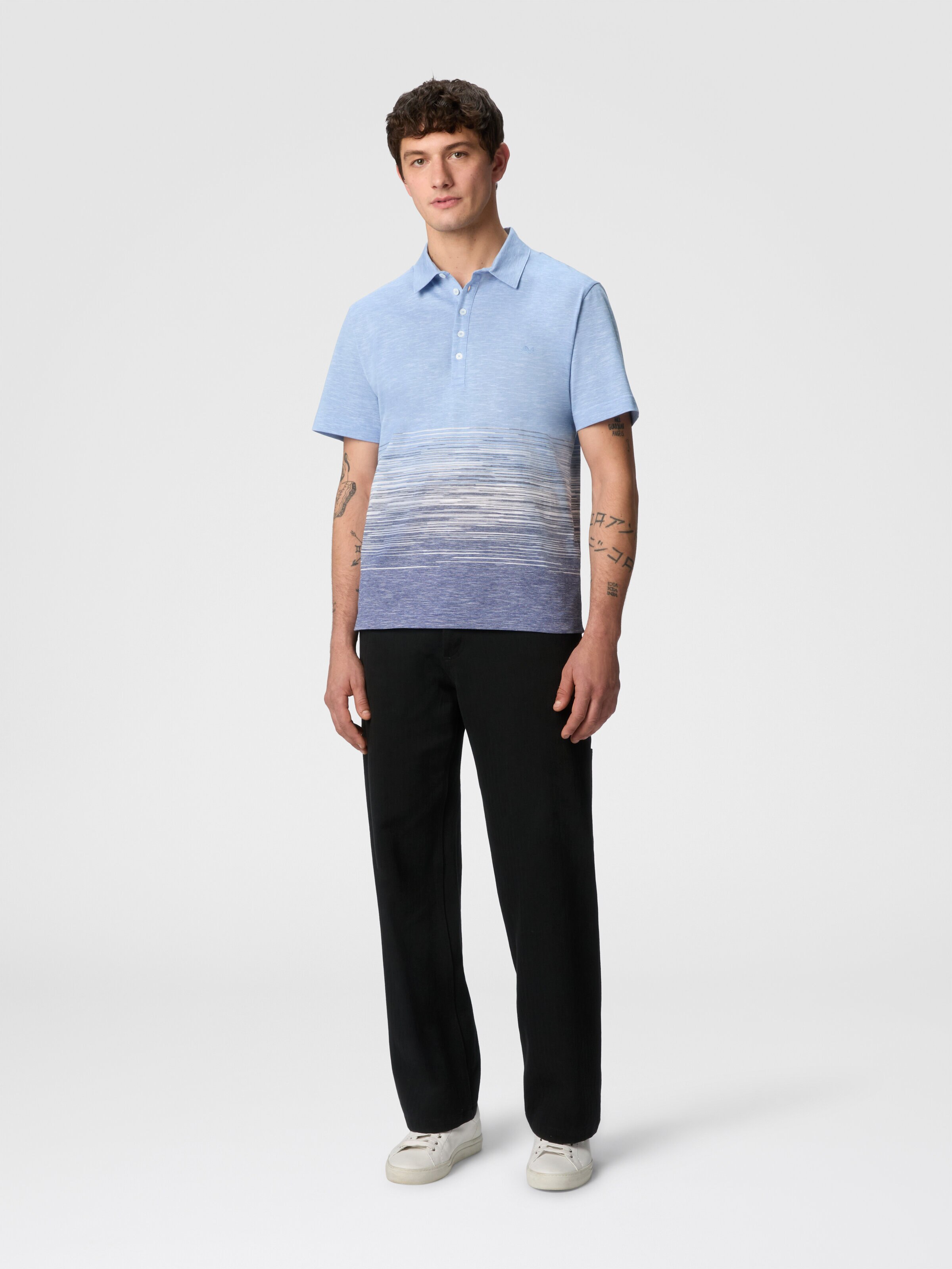 Slub cotton and linen polo shirt with zigzag embroidery, Blue - 1