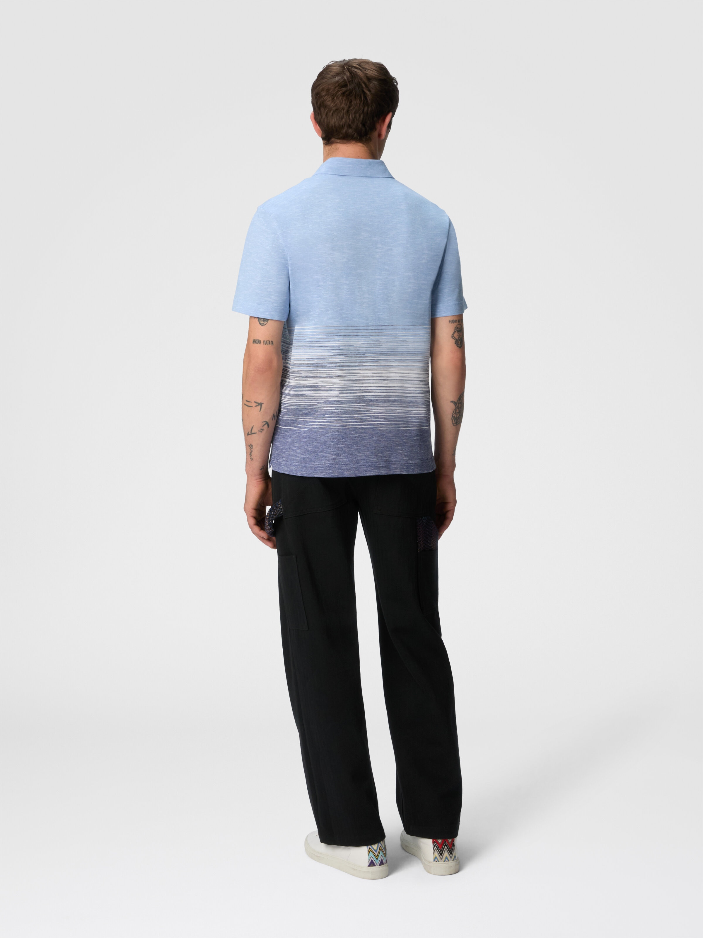 Slub cotton and linen polo shirt with zigzag embroidery, Blue - 2