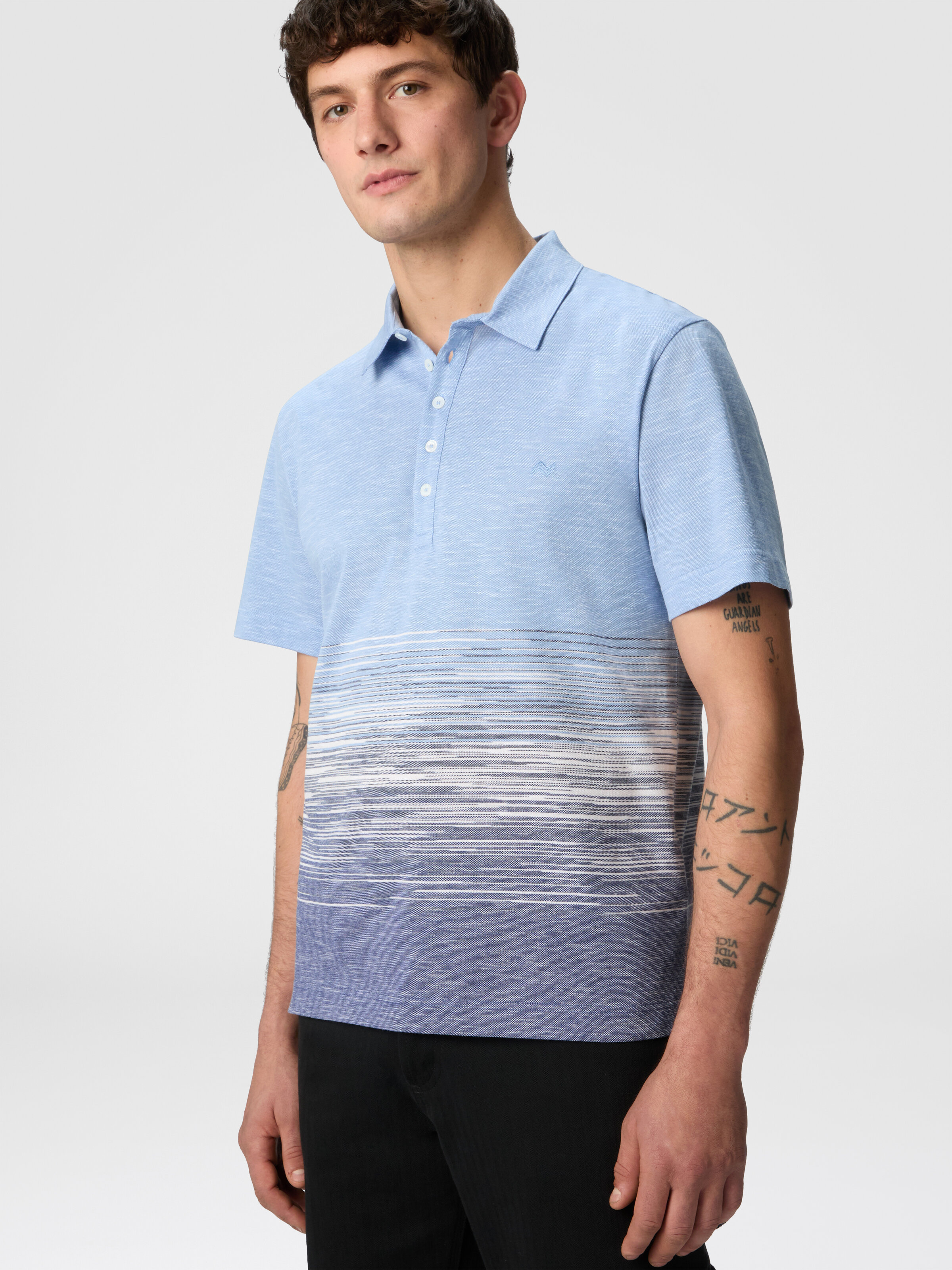 Slub cotton and linen polo shirt with zigzag embroidery, Blue - 3
