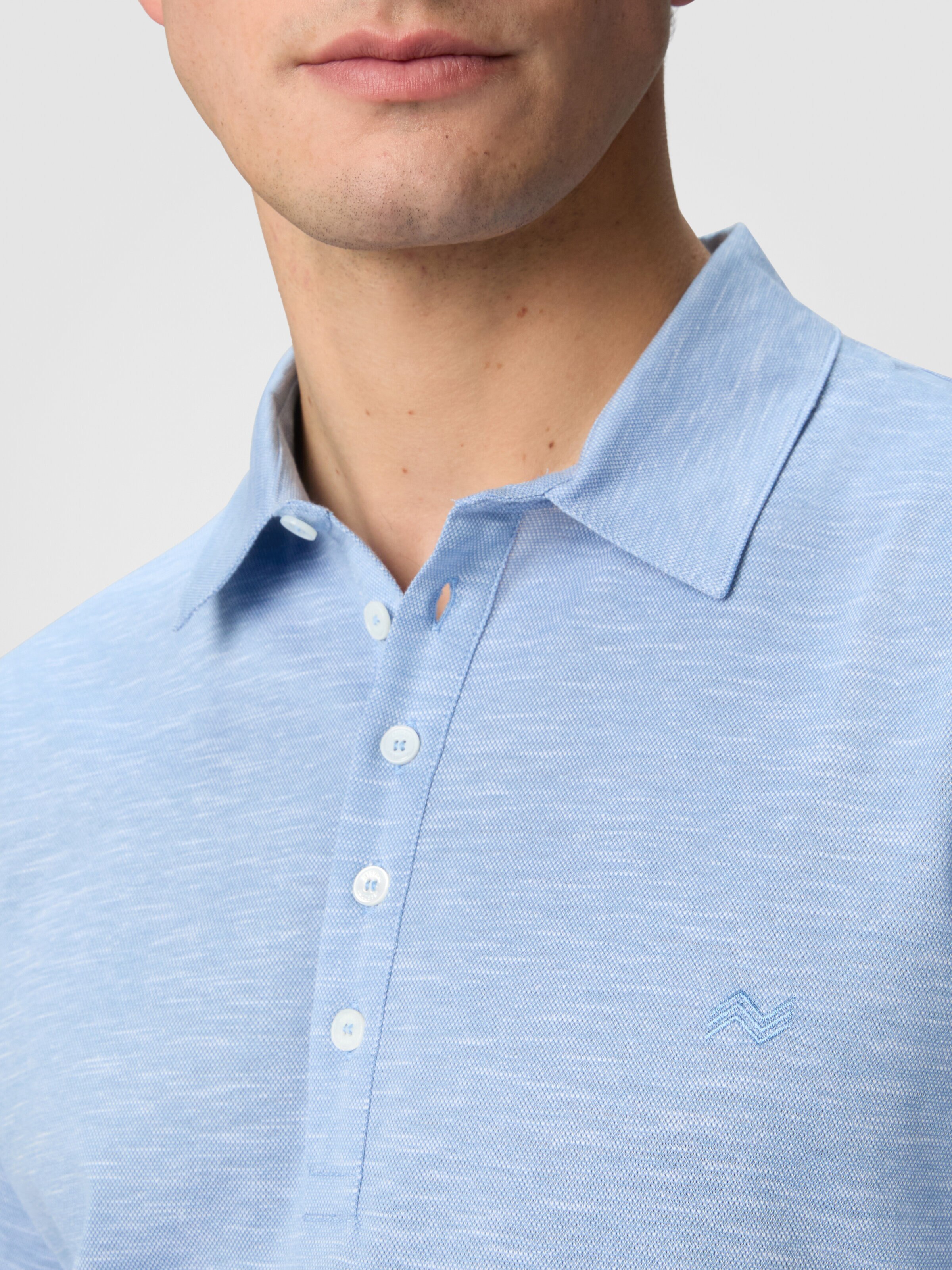 Slub cotton and linen polo shirt with zigzag embroidery, Blue - 4