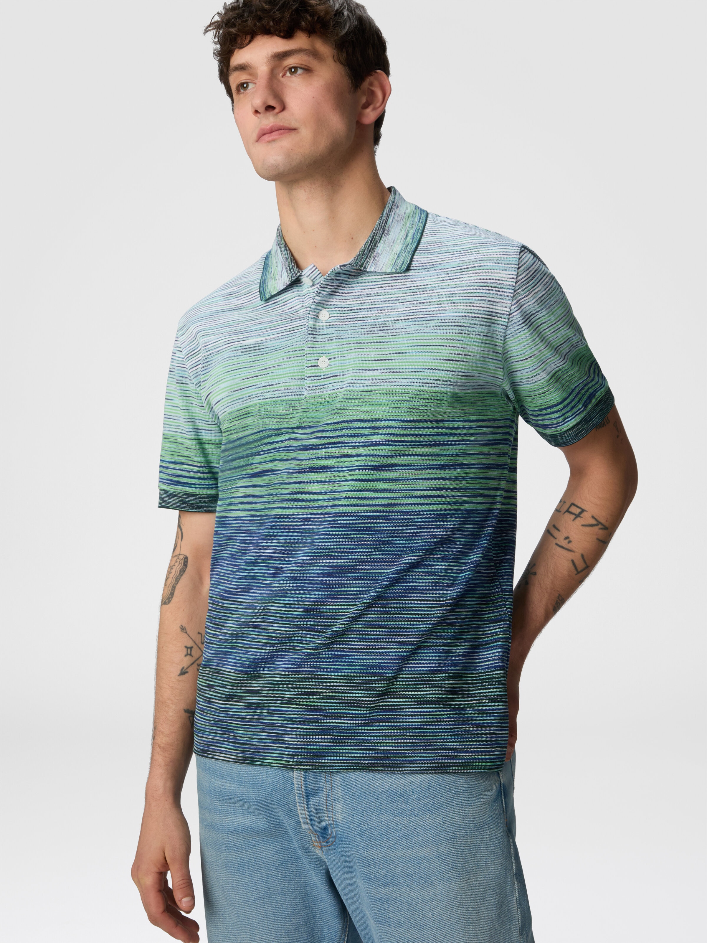 Polo shirt in shaded slub cotton piqué, Green - 3