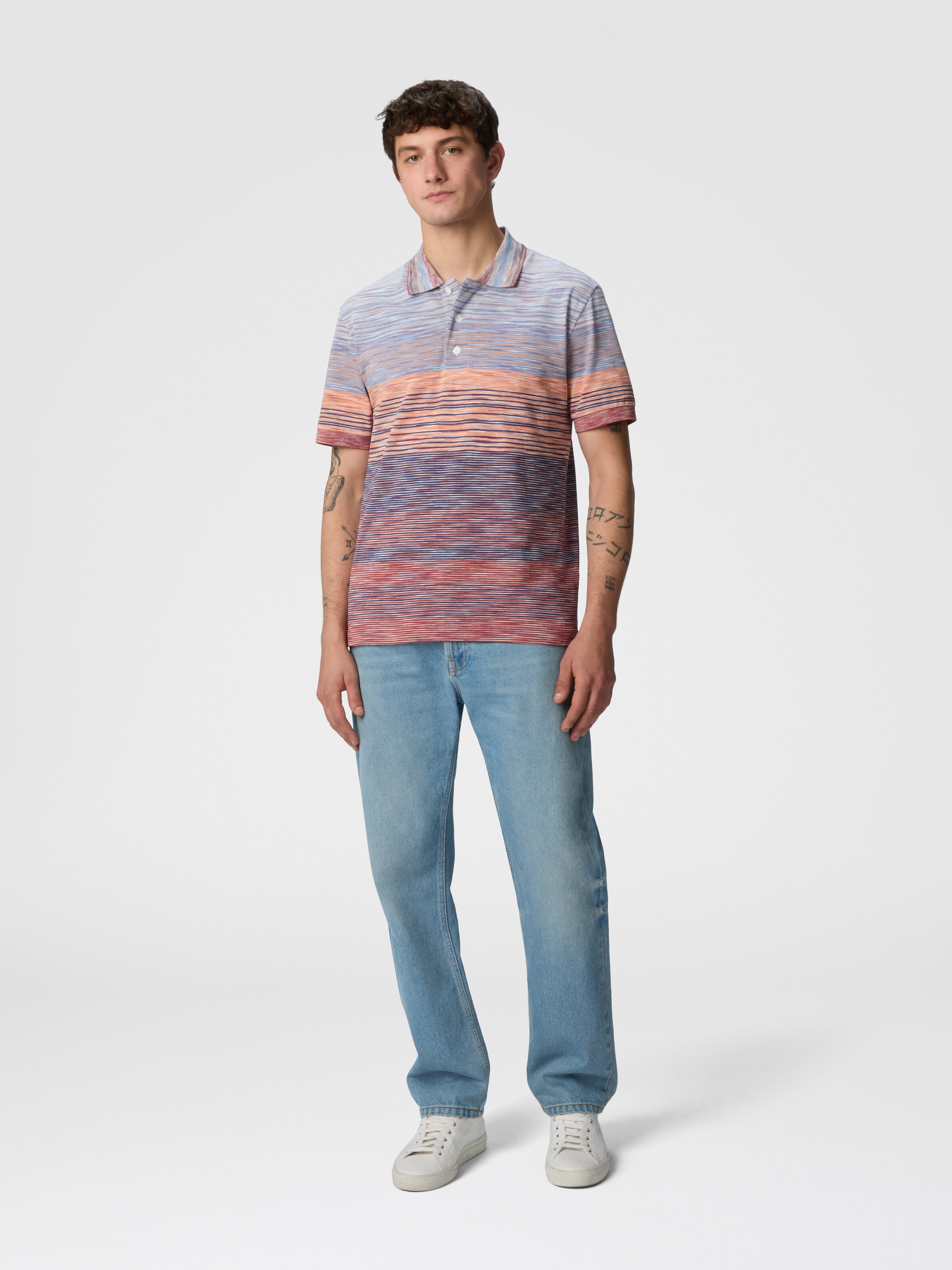 Polo shirt in shaded slub cotton piqué, Black Multicoloured  - 1