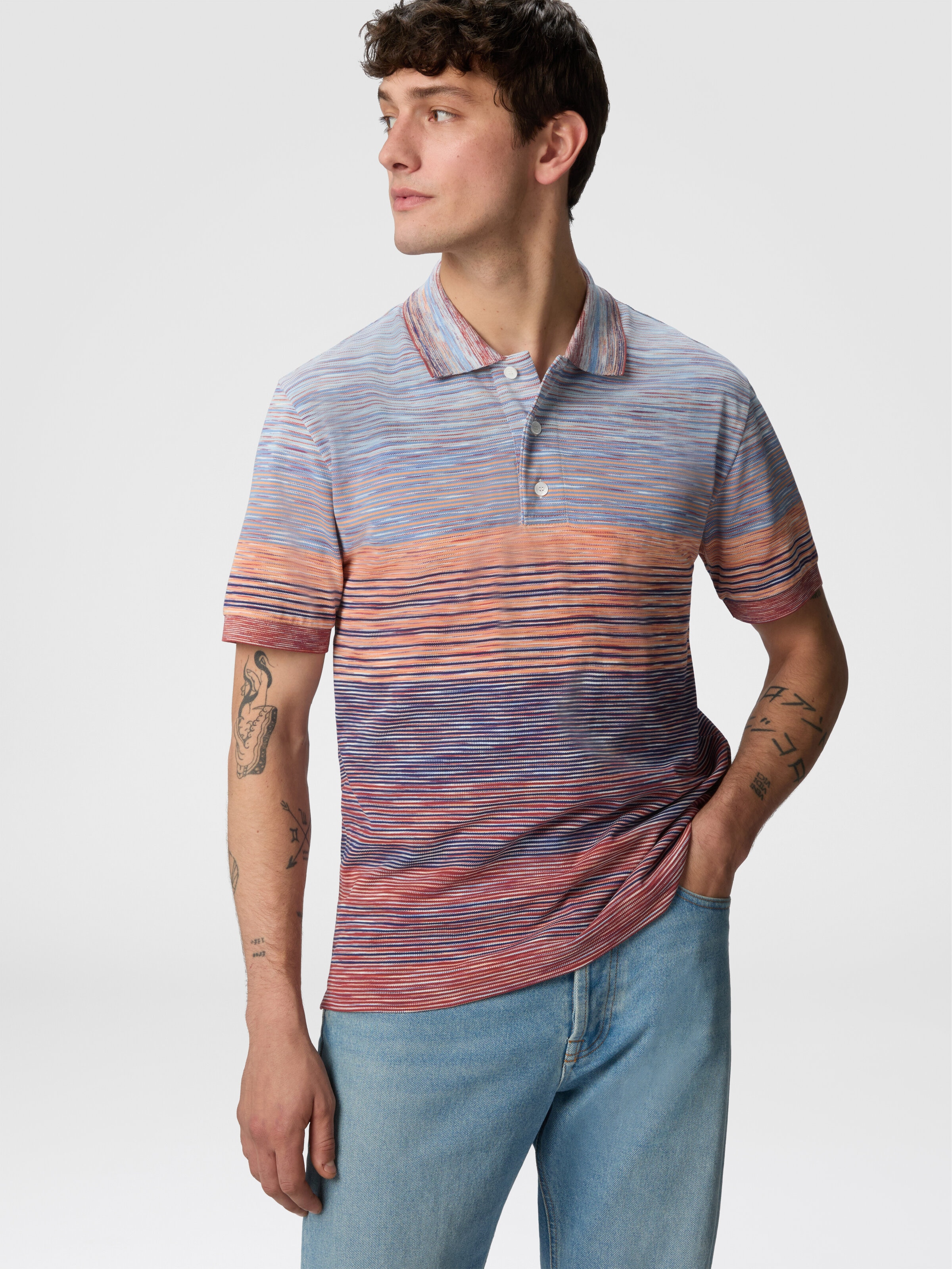 Polo shirt in shaded slub cotton piqué, Black Multicoloured  - 3