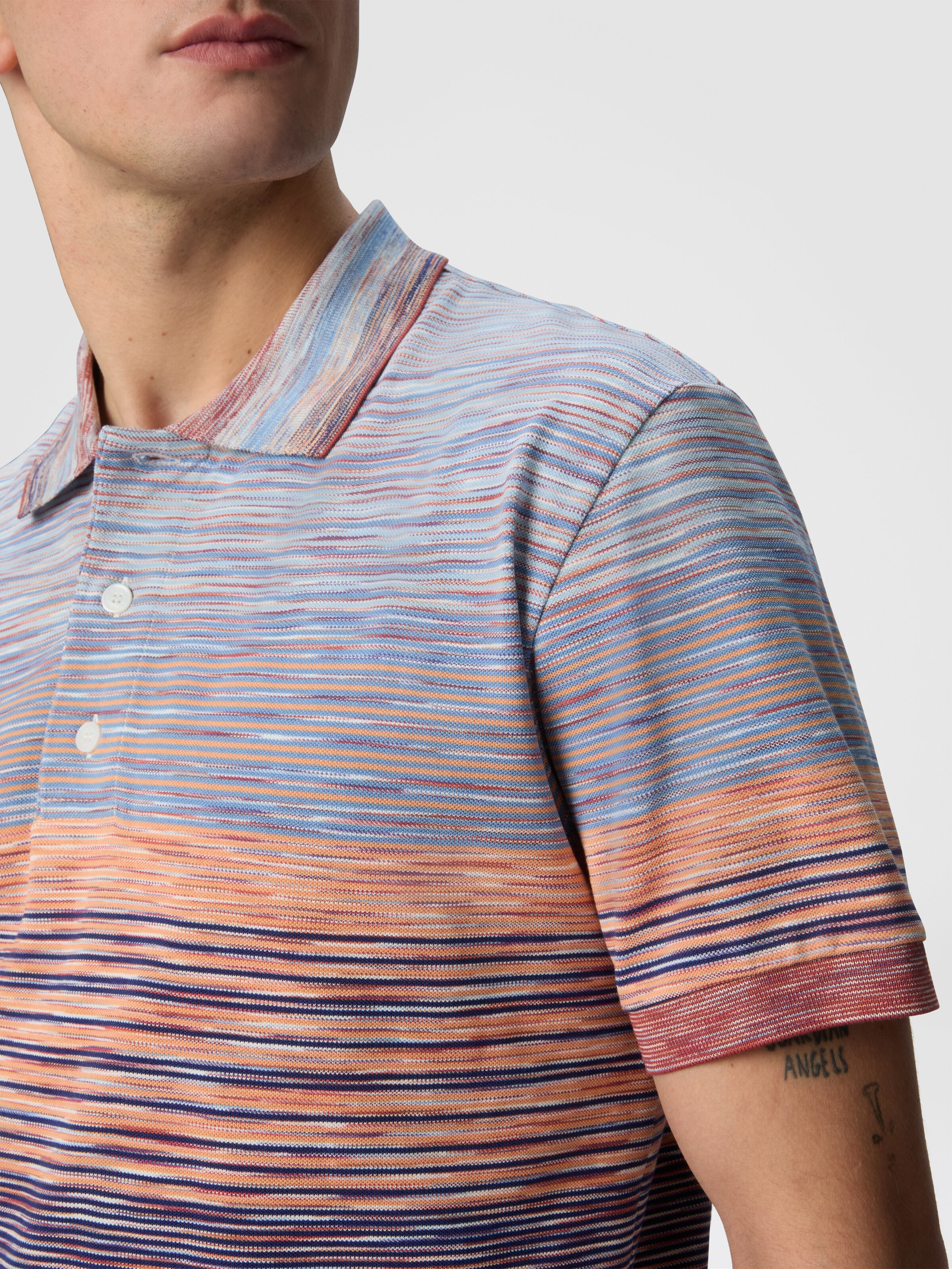 Polo shirt in shaded slub cotton piqué, Black Multicoloured  - 4