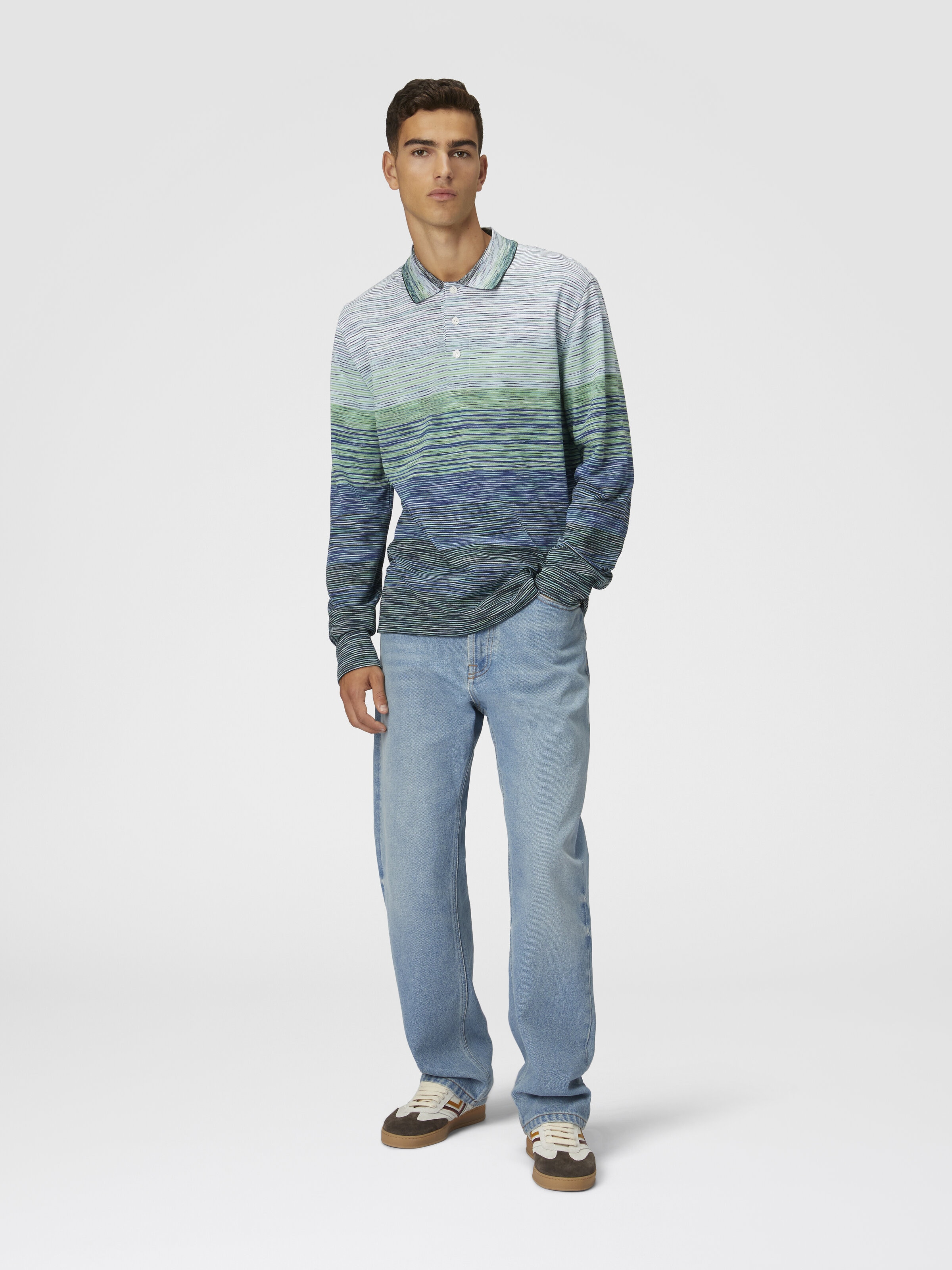 Gradient slub cotton piqué polo shirt with long sleeves