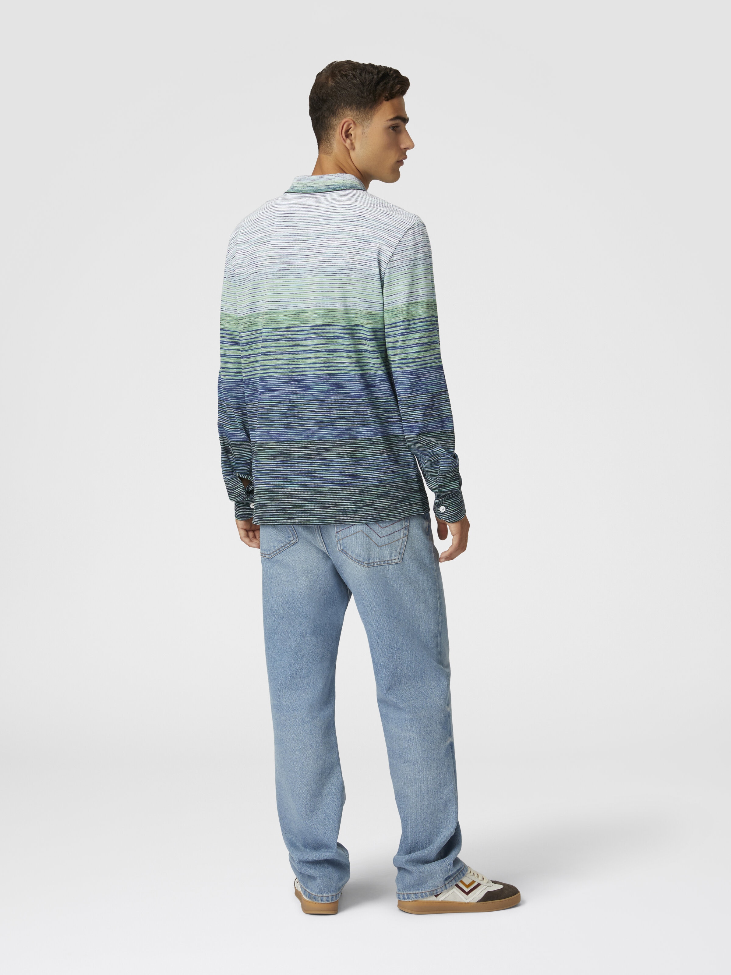 Gradient slub cotton piqué polo shirt with long sleeves, Green - 2