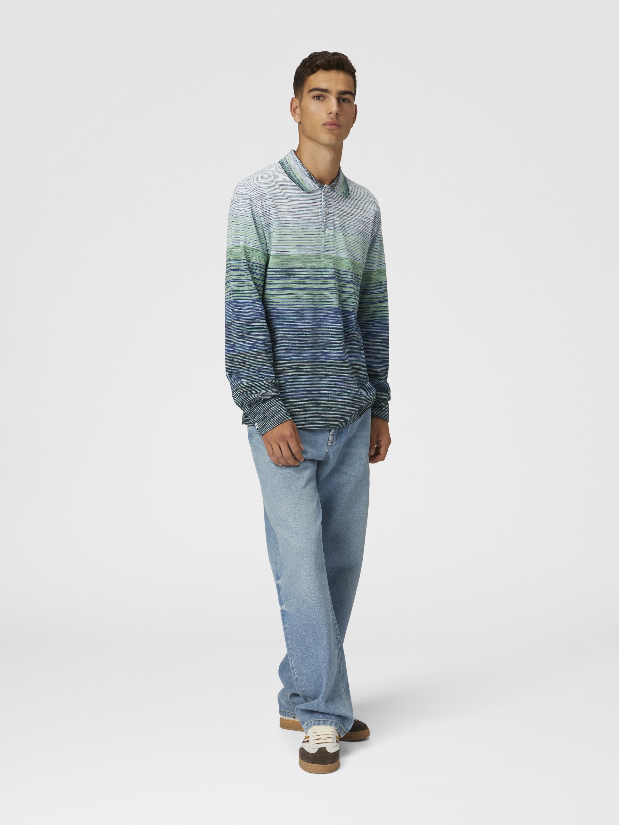 Gradient slub cotton piqué polo shirt with long sleeves, Green - 3
