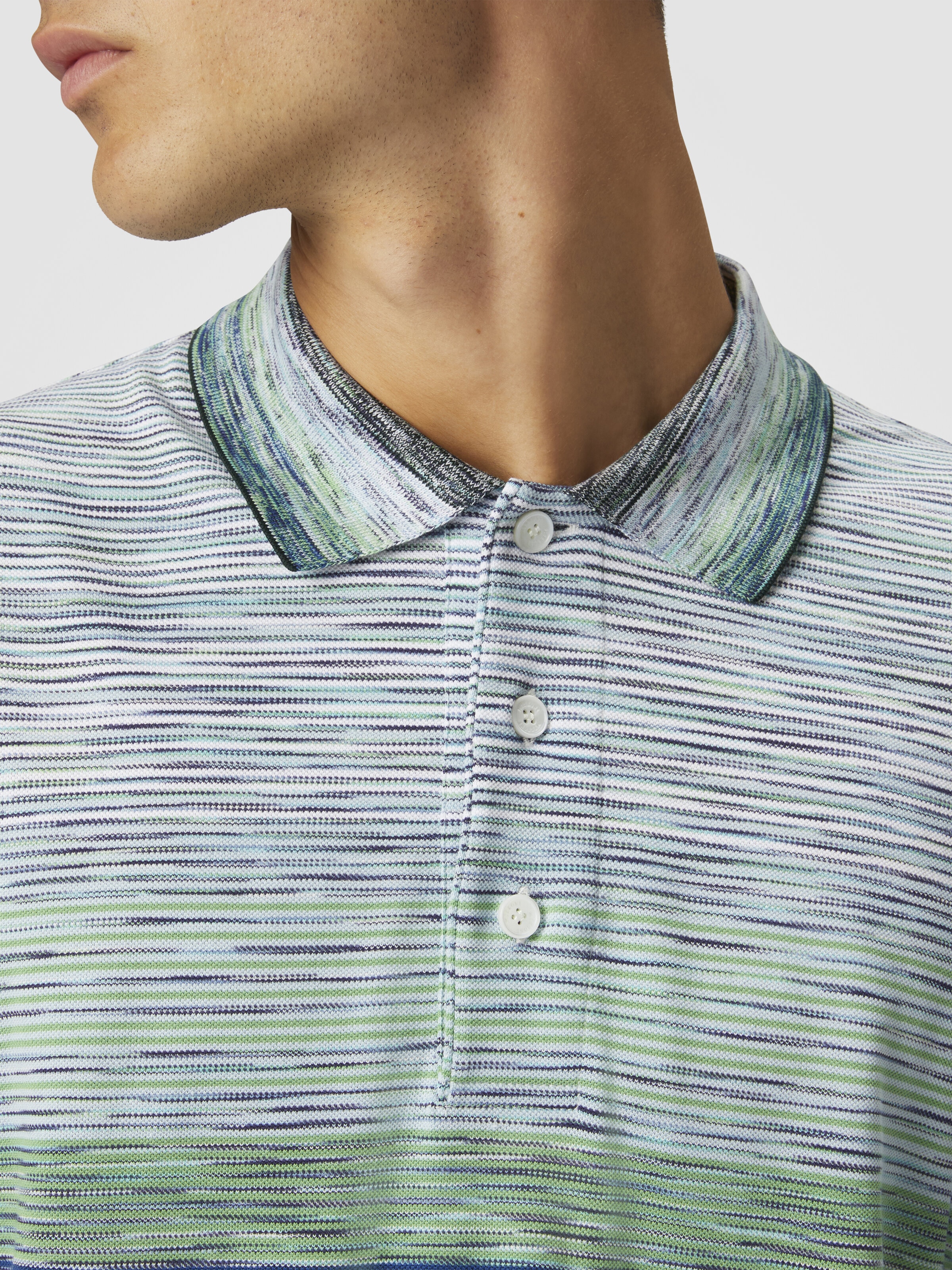 Gradient slub cotton piqué polo shirt with long sleeves, Green - 4