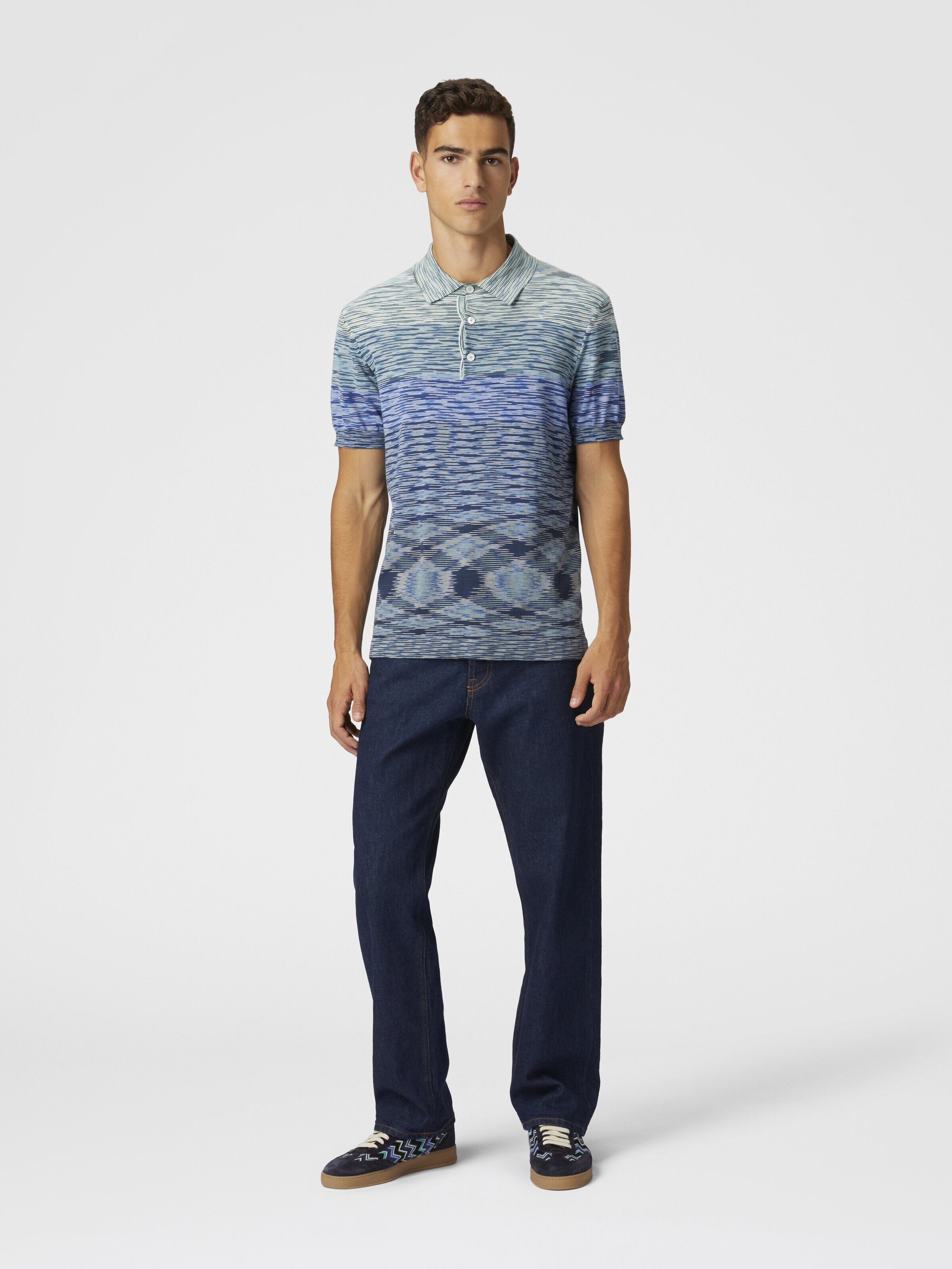 Dégradé slub cotton knit polo shirt, Blue & Green - 1