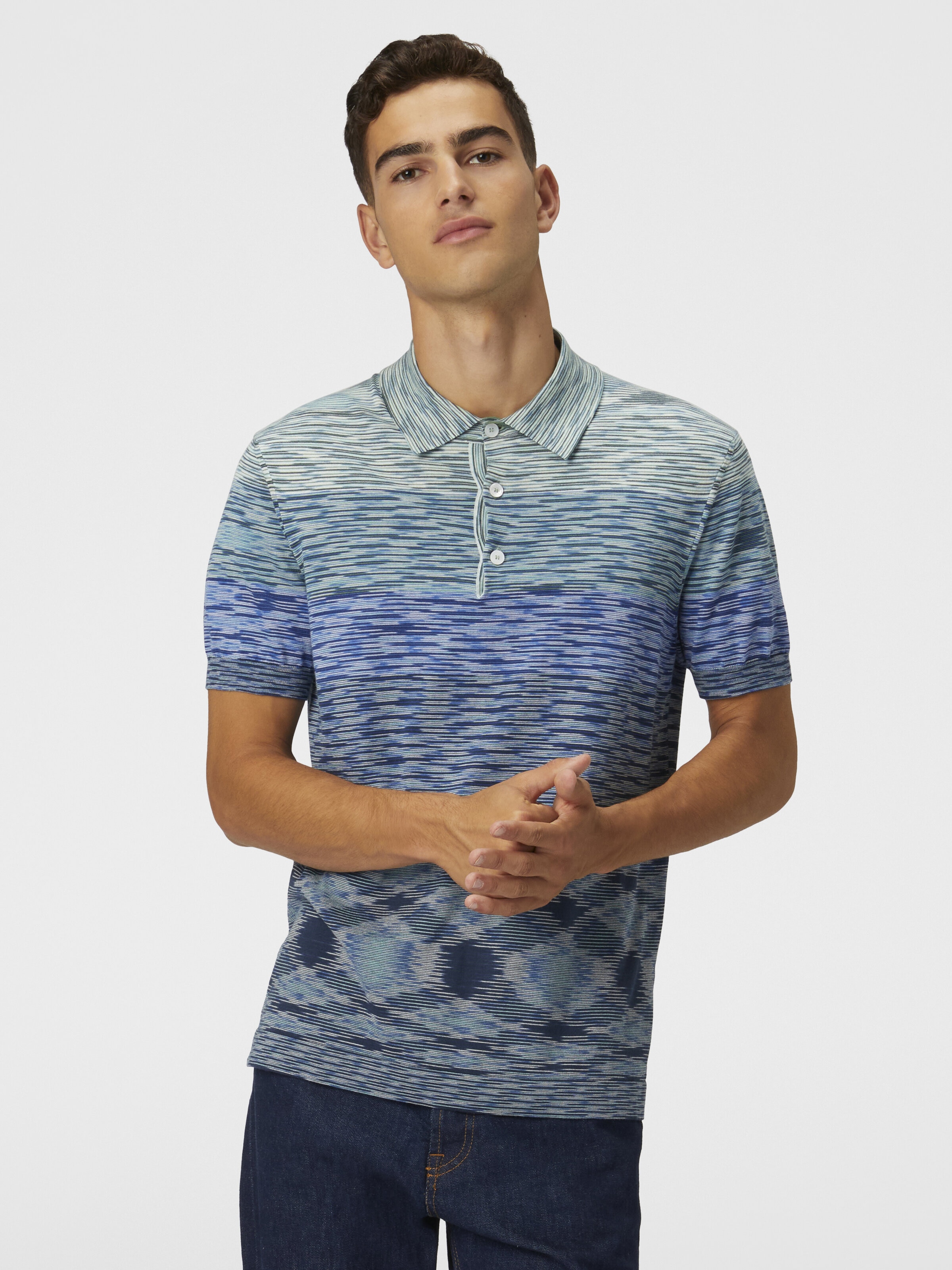 Dégradé slub cotton knit polo shirt, Blue & Green - 3