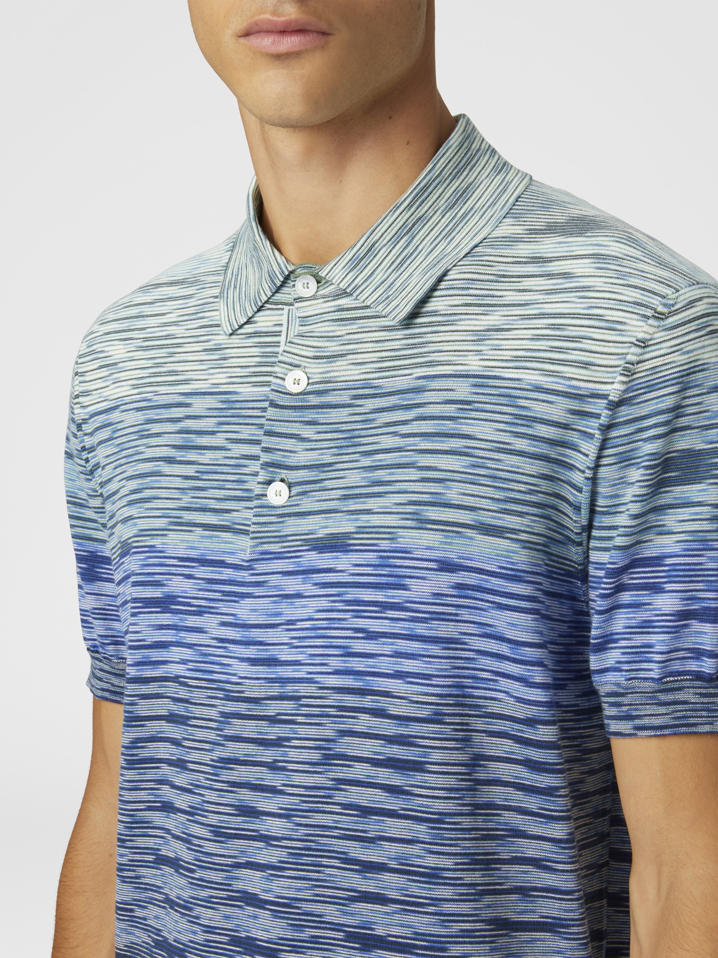 Dégradé slub cotton knit polo shirt, Blue & Green - 4