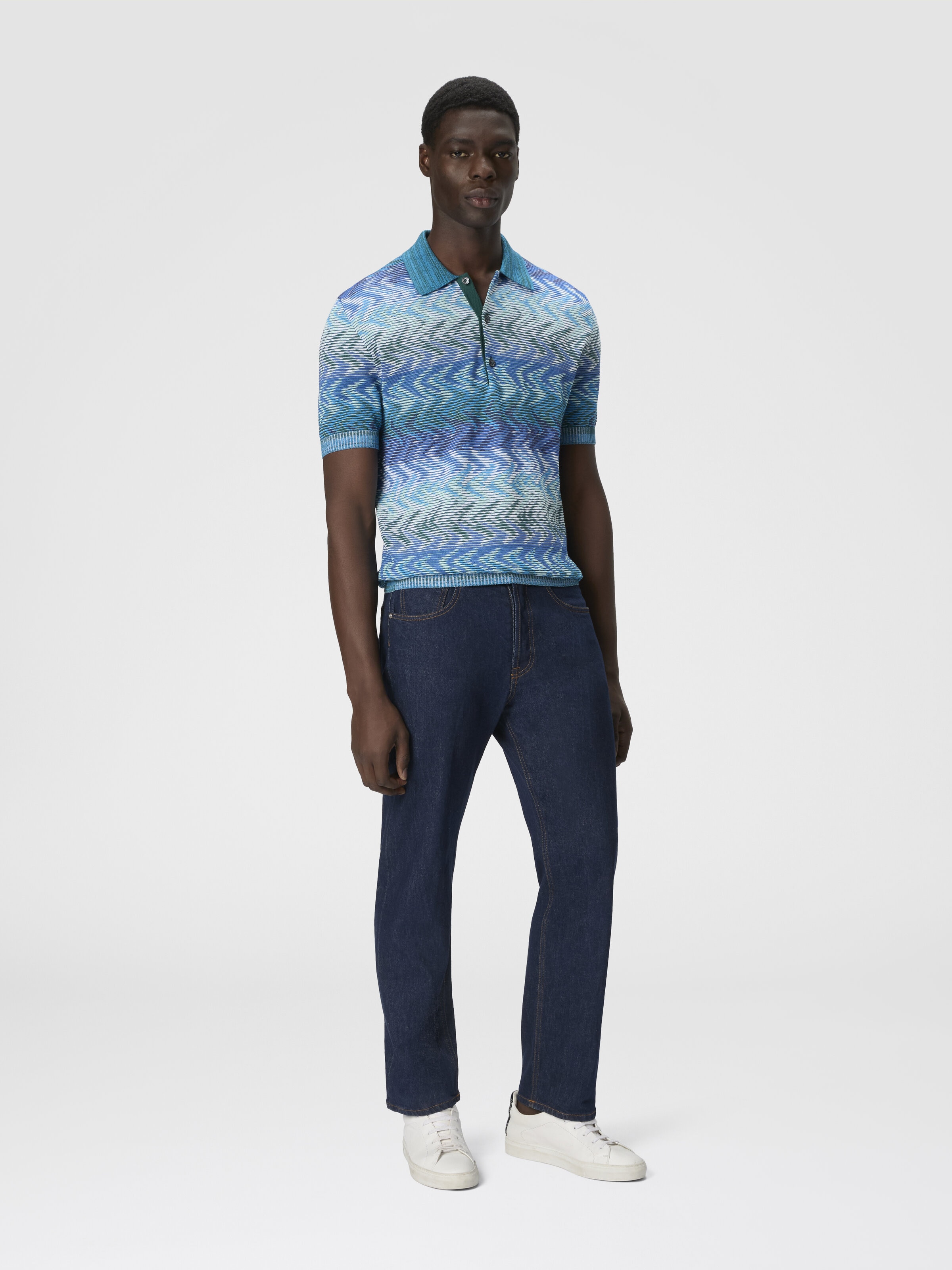 Polo in maglia di cotone lavorata con profili a contrasto, Blu - 1