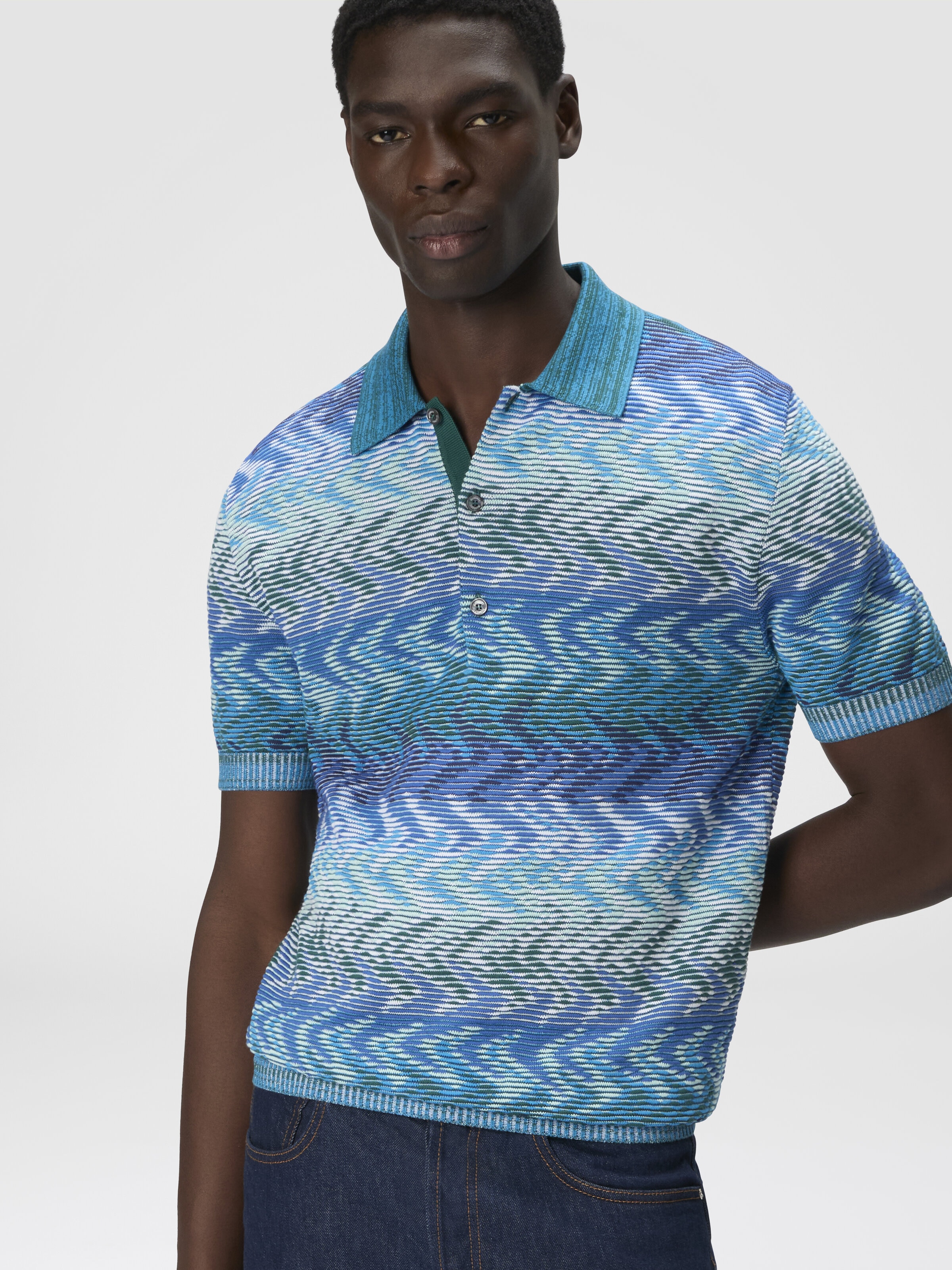 Polo in maglia di cotone lavorata con profili a contrasto, Blu - 3