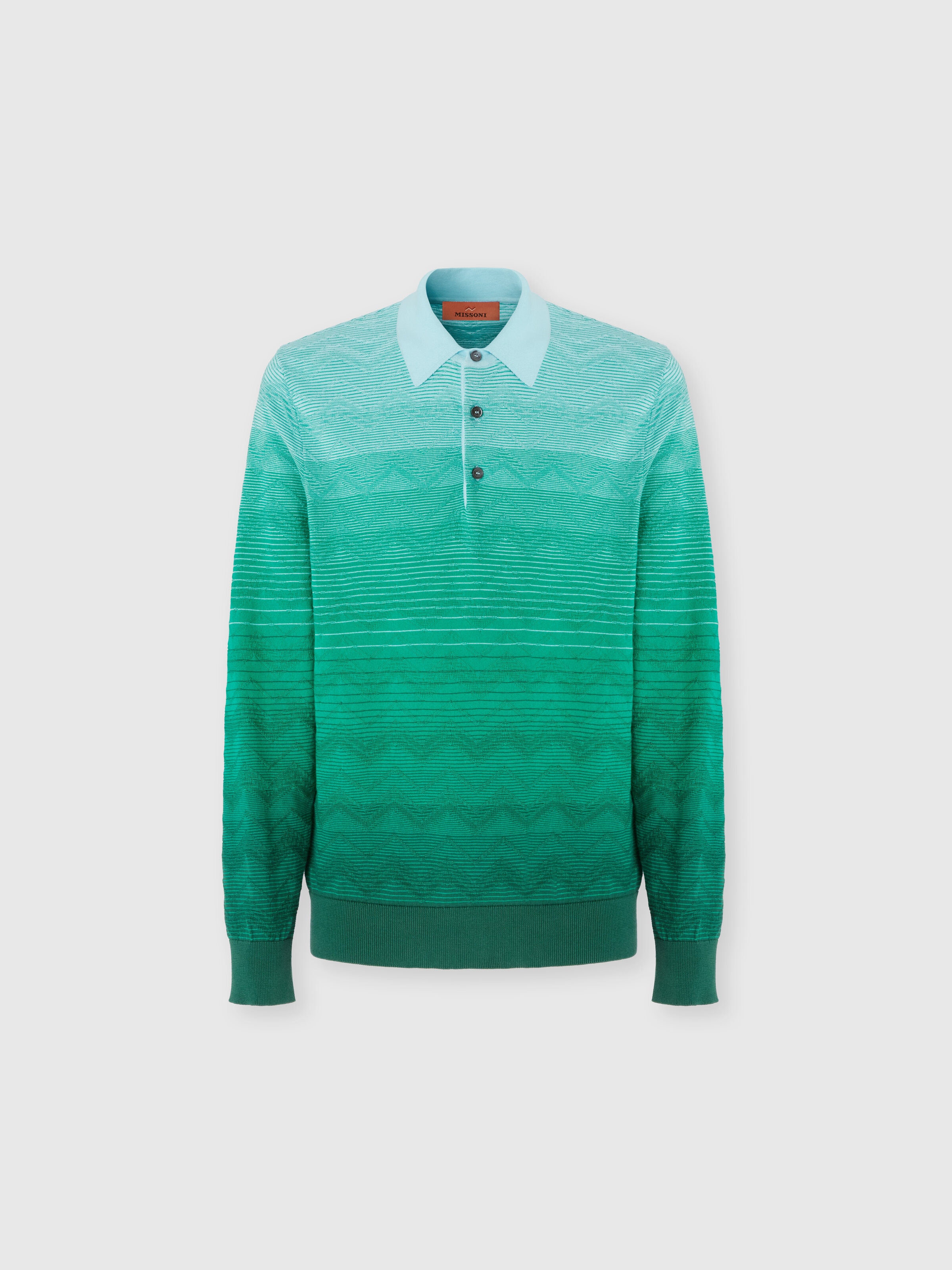 Long-sleeved polo shirt in dégradé chevron cotton, Green - 0