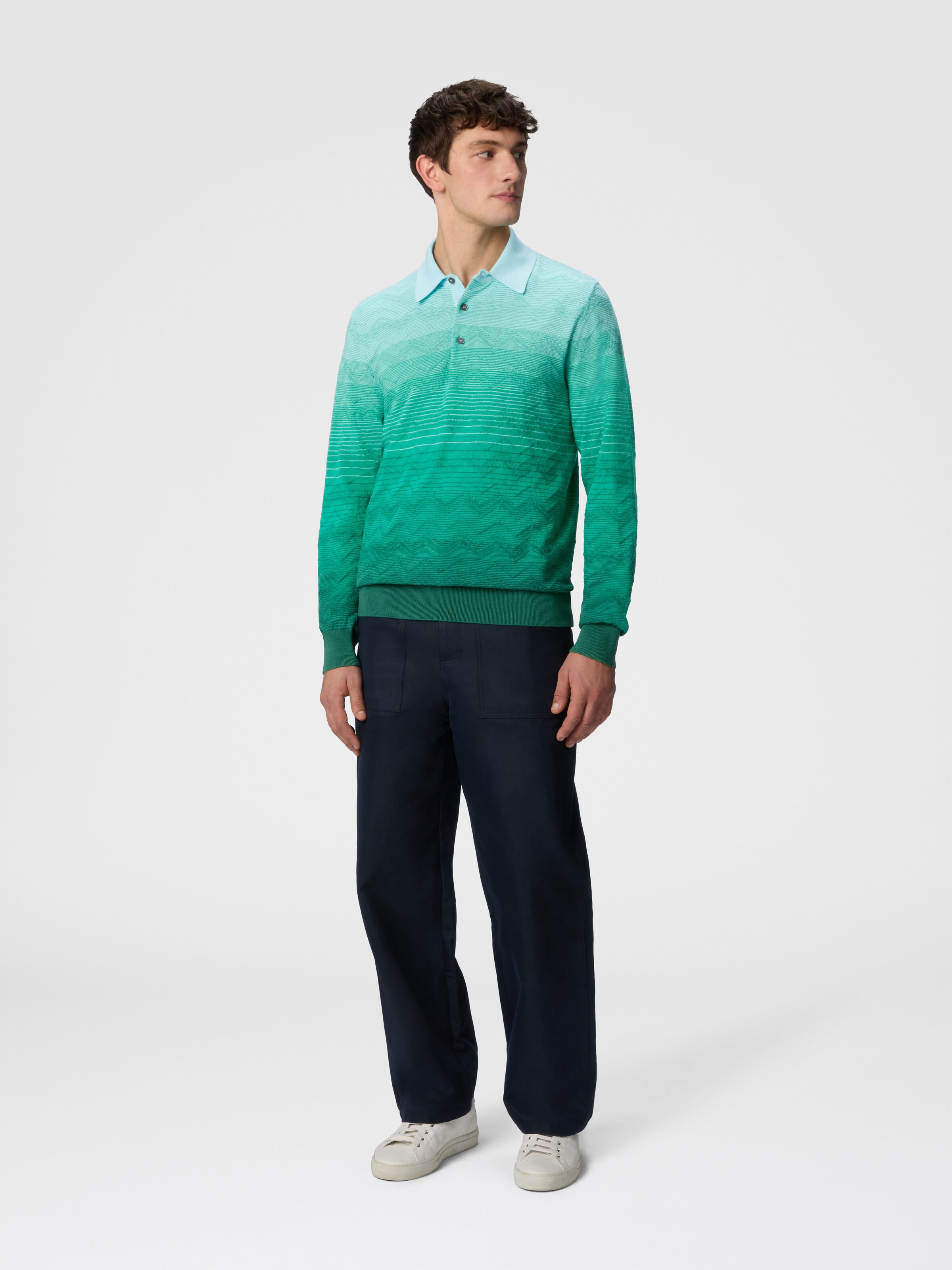 Long-sleeved polo shirt in dégradé chevron cotton, Green - 1