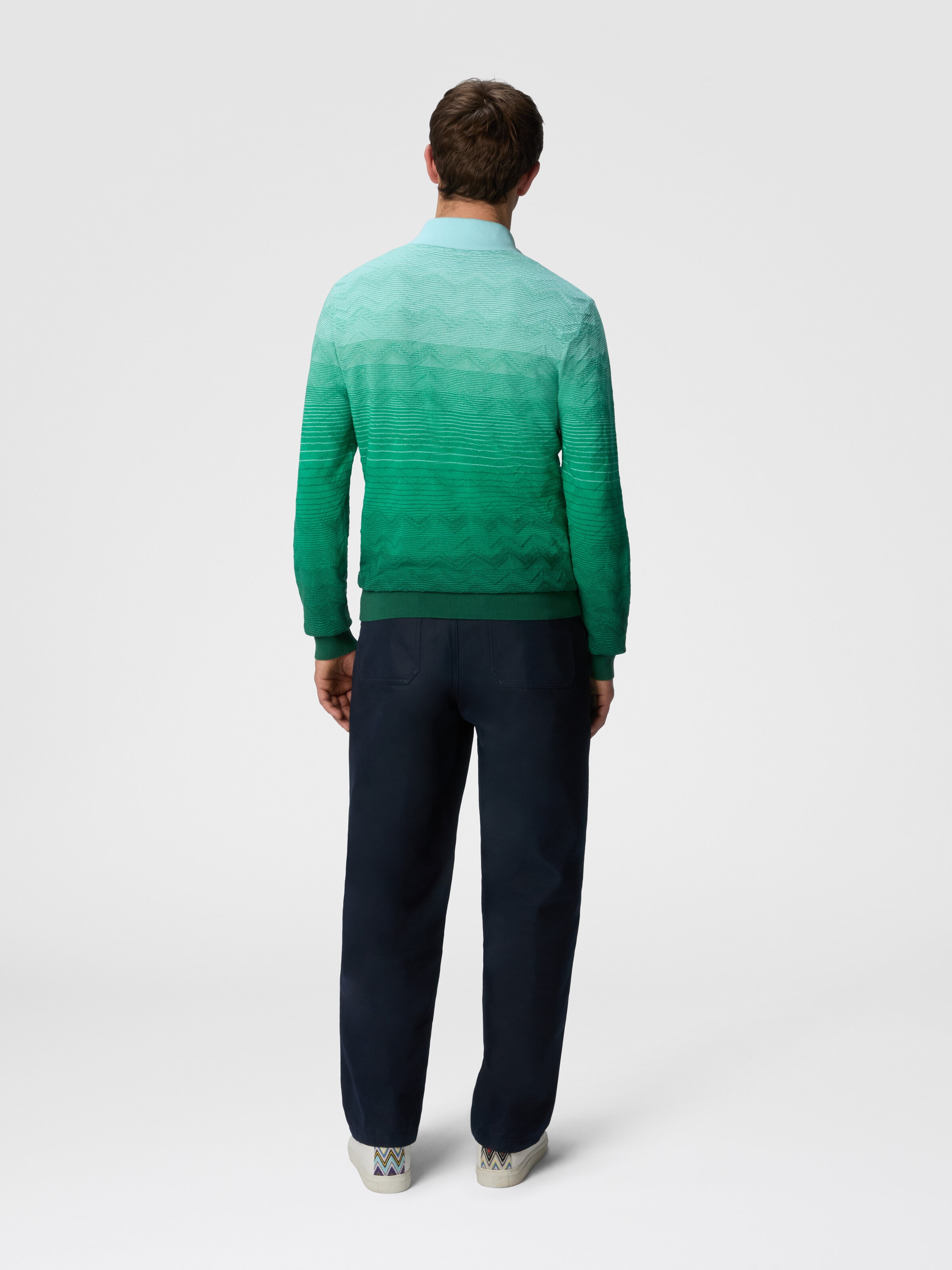 Long-sleeved polo shirt in dégradé chevron cotton, Green - 2