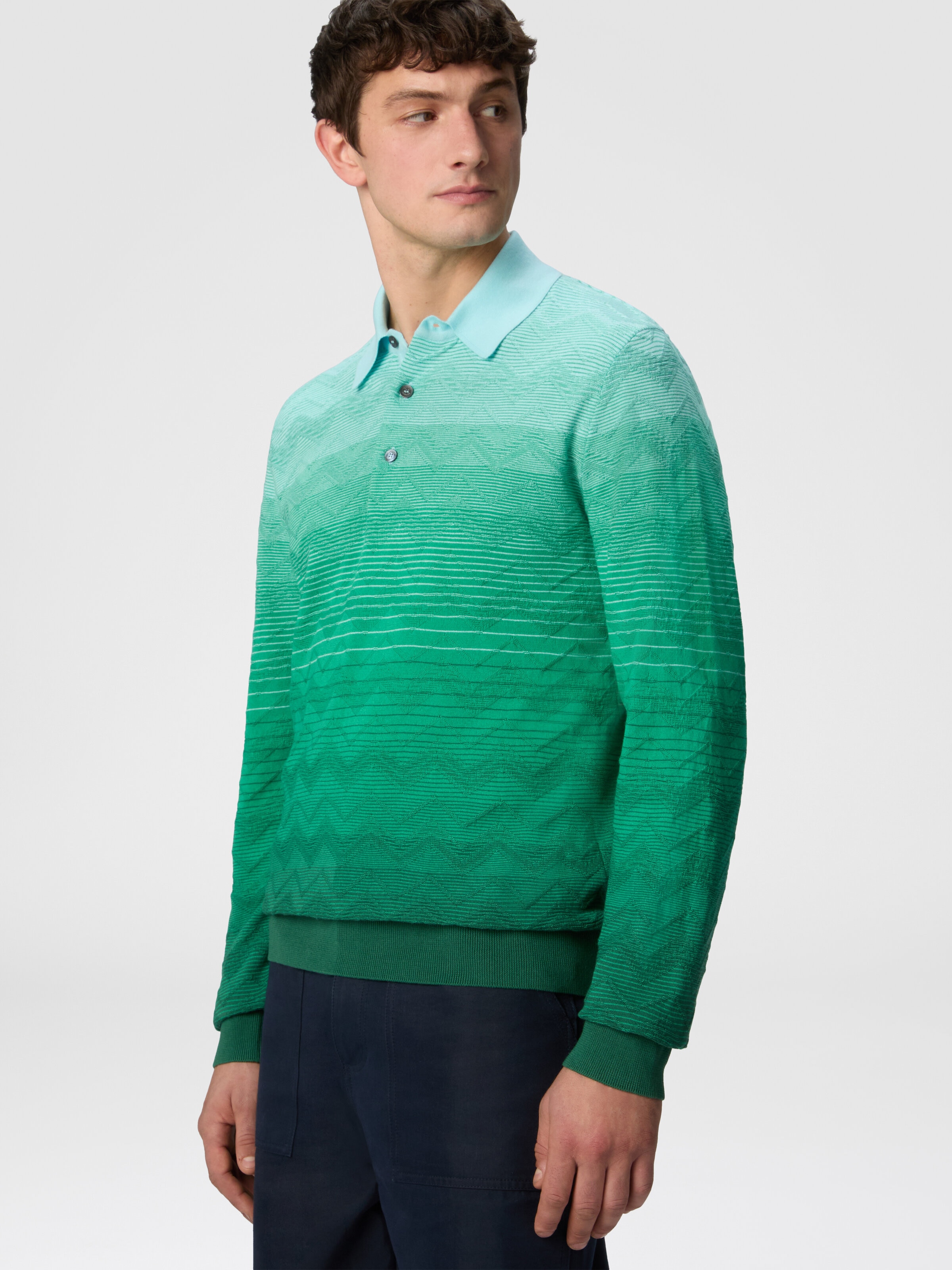 Long-sleeved polo shirt in dégradé chevron cotton, Green - 3