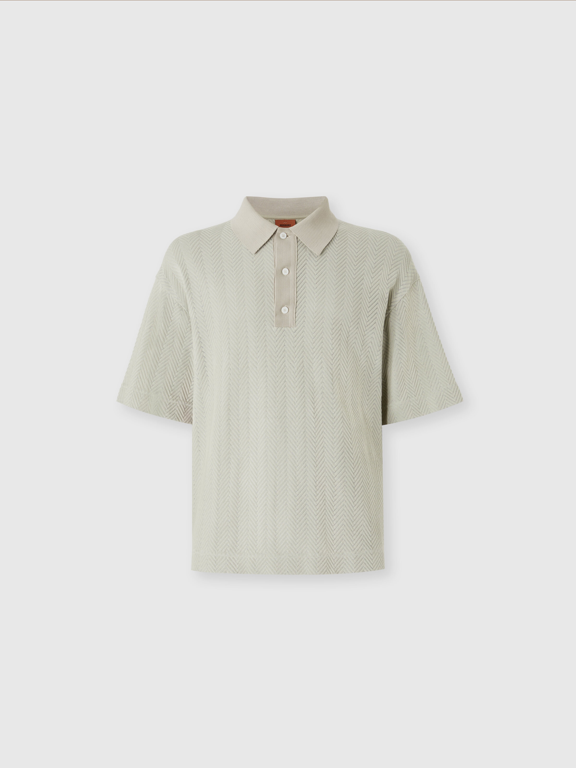 Cotton and viscose polo shirt with tone-on-tone zigzag, Silver - 0