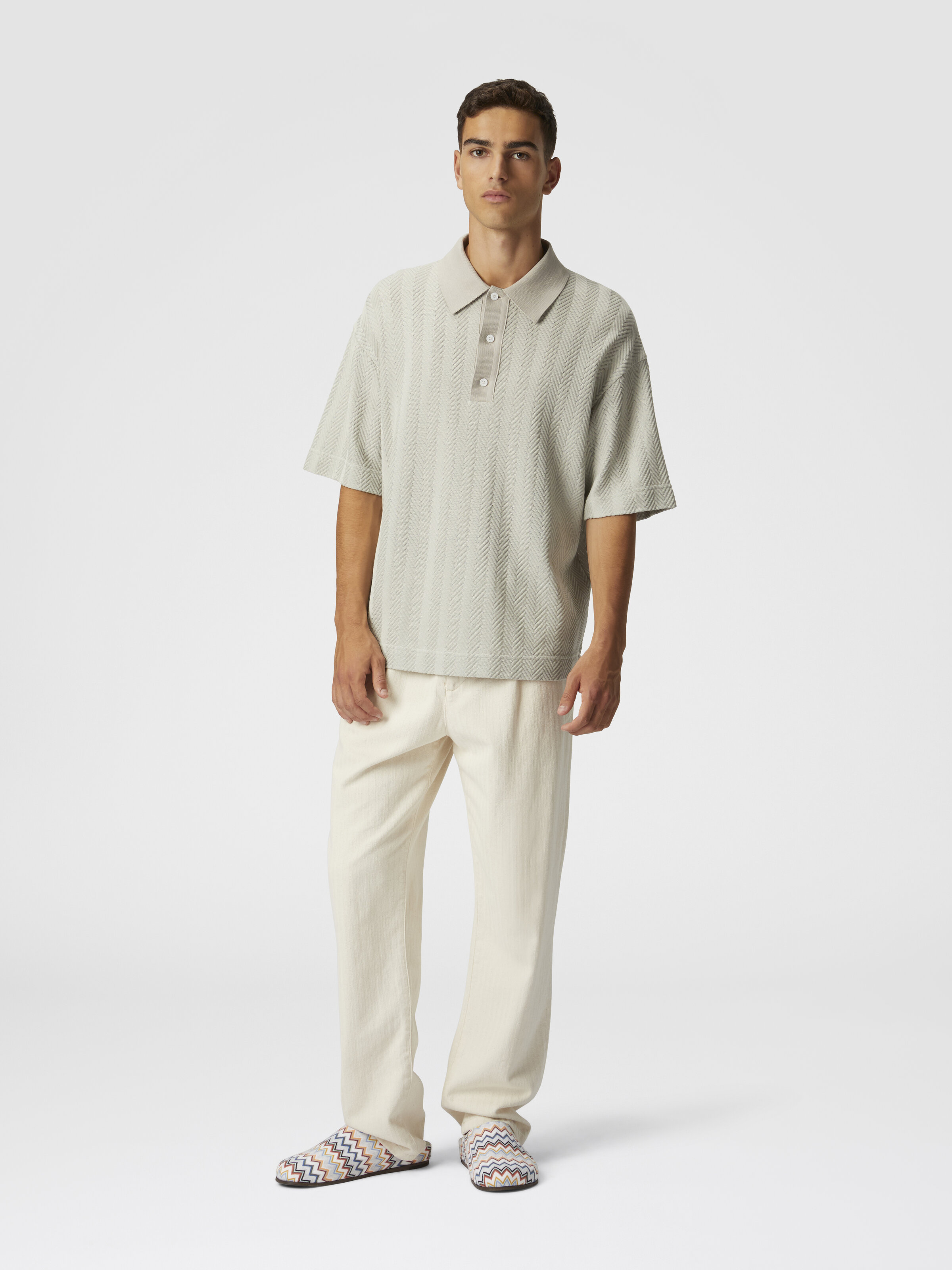 Cotton and viscose polo shirt with tone-on-tone zigzag, Silver - 1