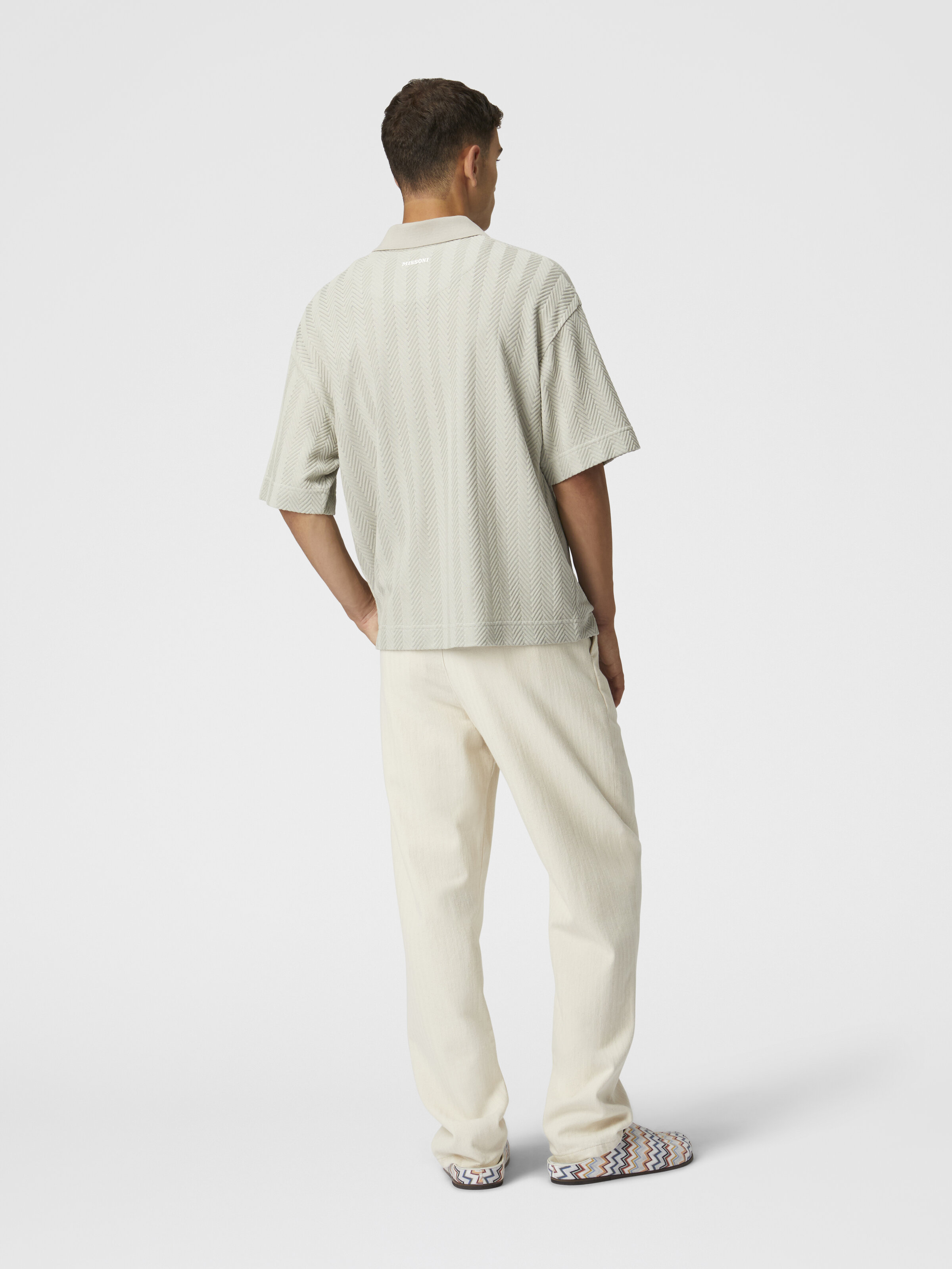 Cotton and viscose polo shirt with tone-on-tone zigzag, Silver - 2