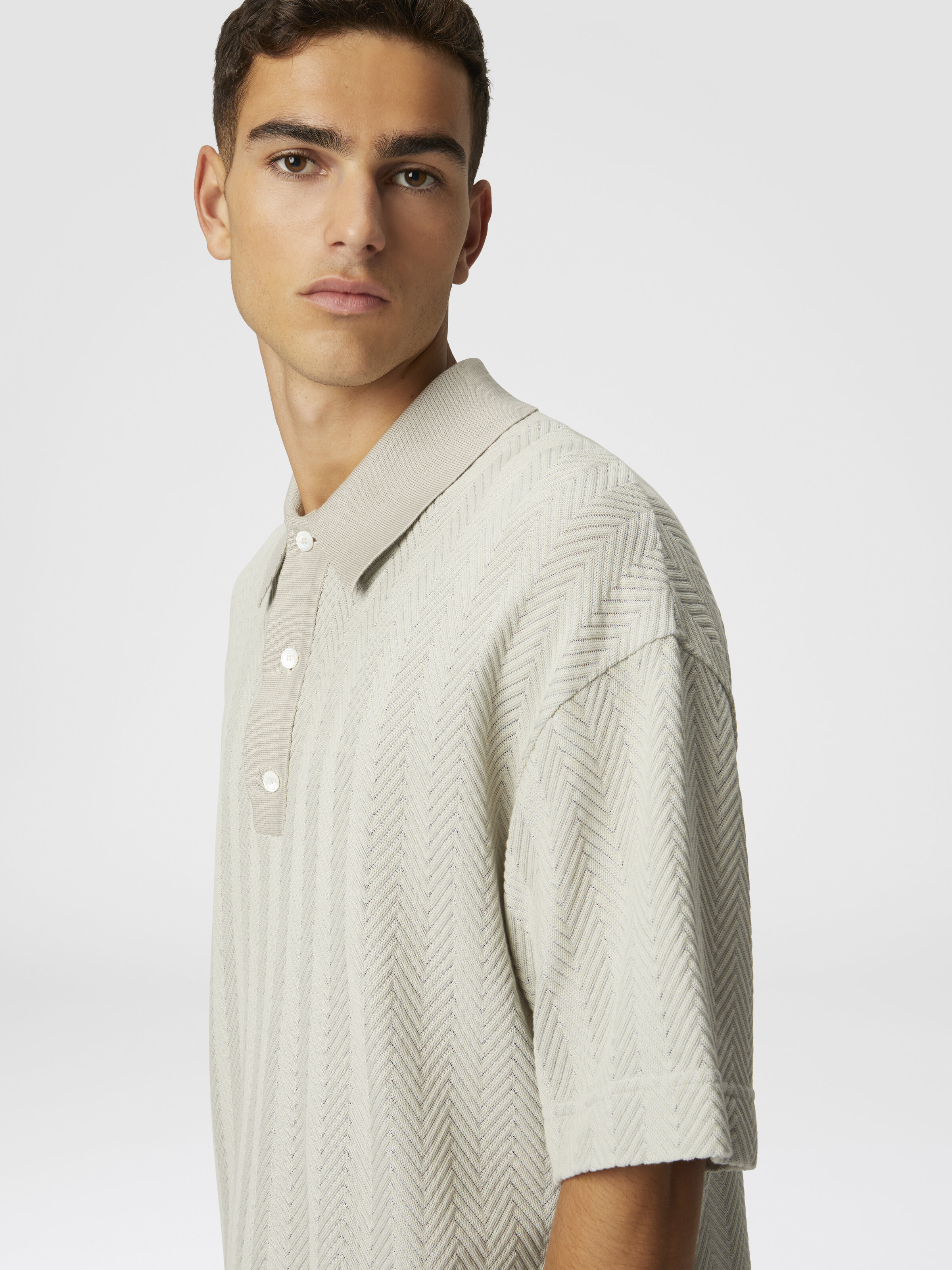 Cotton and viscose polo shirt with tone-on-tone zigzag, Silver - 3