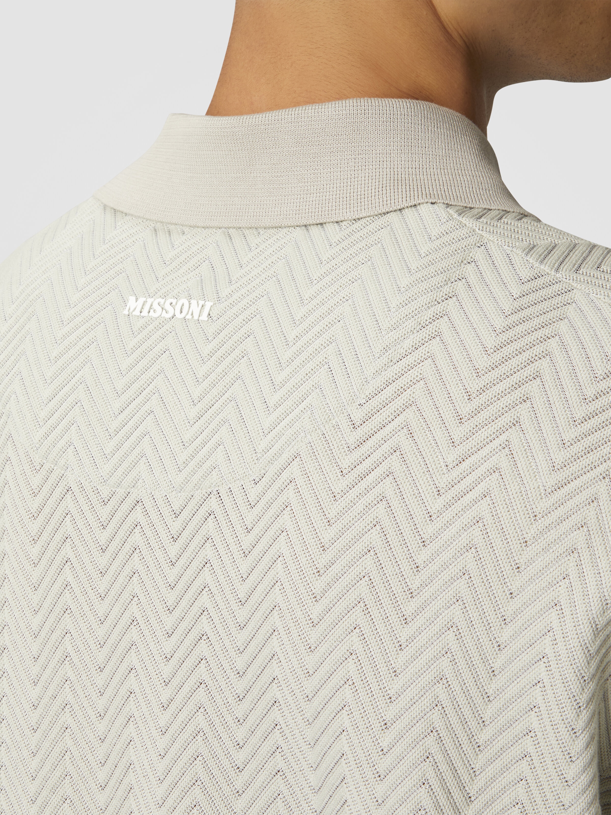 Cotton and viscose polo shirt with tone-on-tone zigzag, Silver - 4