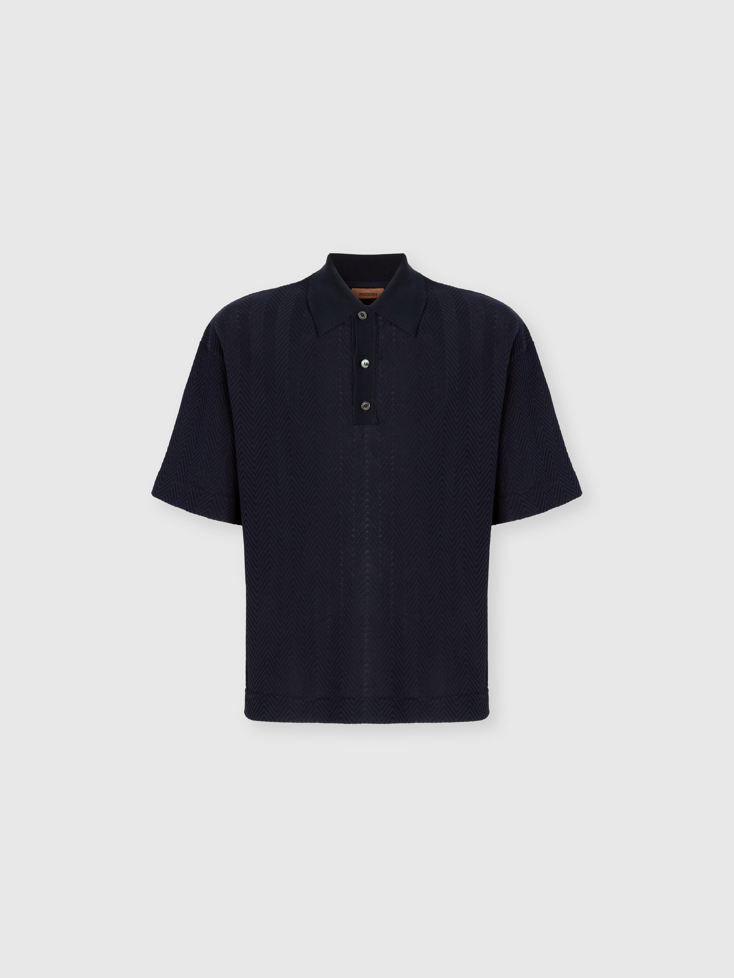 Cotton and viscose polo shirt with tone-on-tone zigzag, Blue - 0