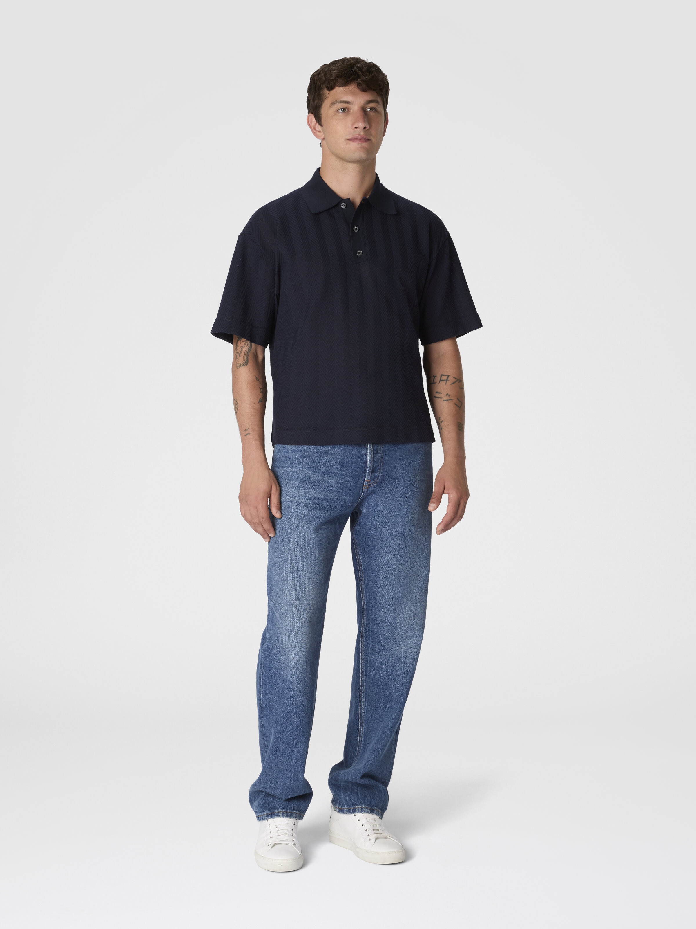Cotton and viscose polo shirt with tone-on-tone zigzag, Blue - 1
