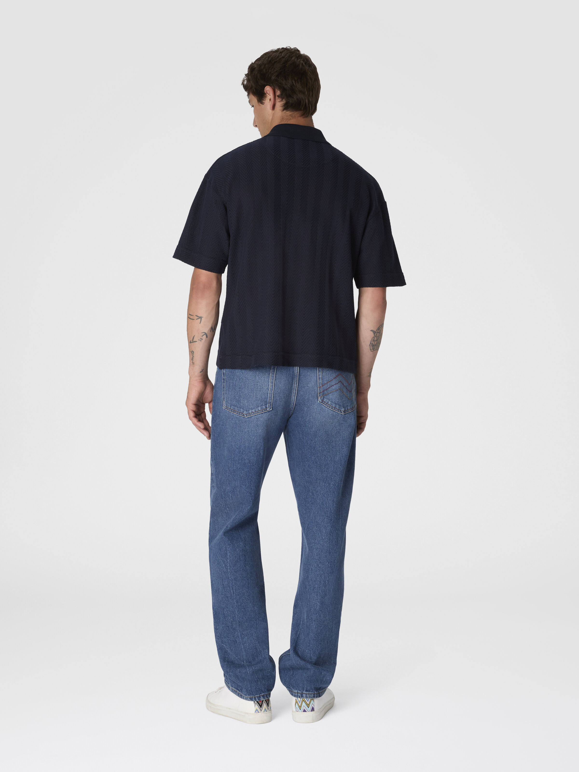 Cotton and viscose polo shirt with tone-on-tone zigzag, Blue - 2