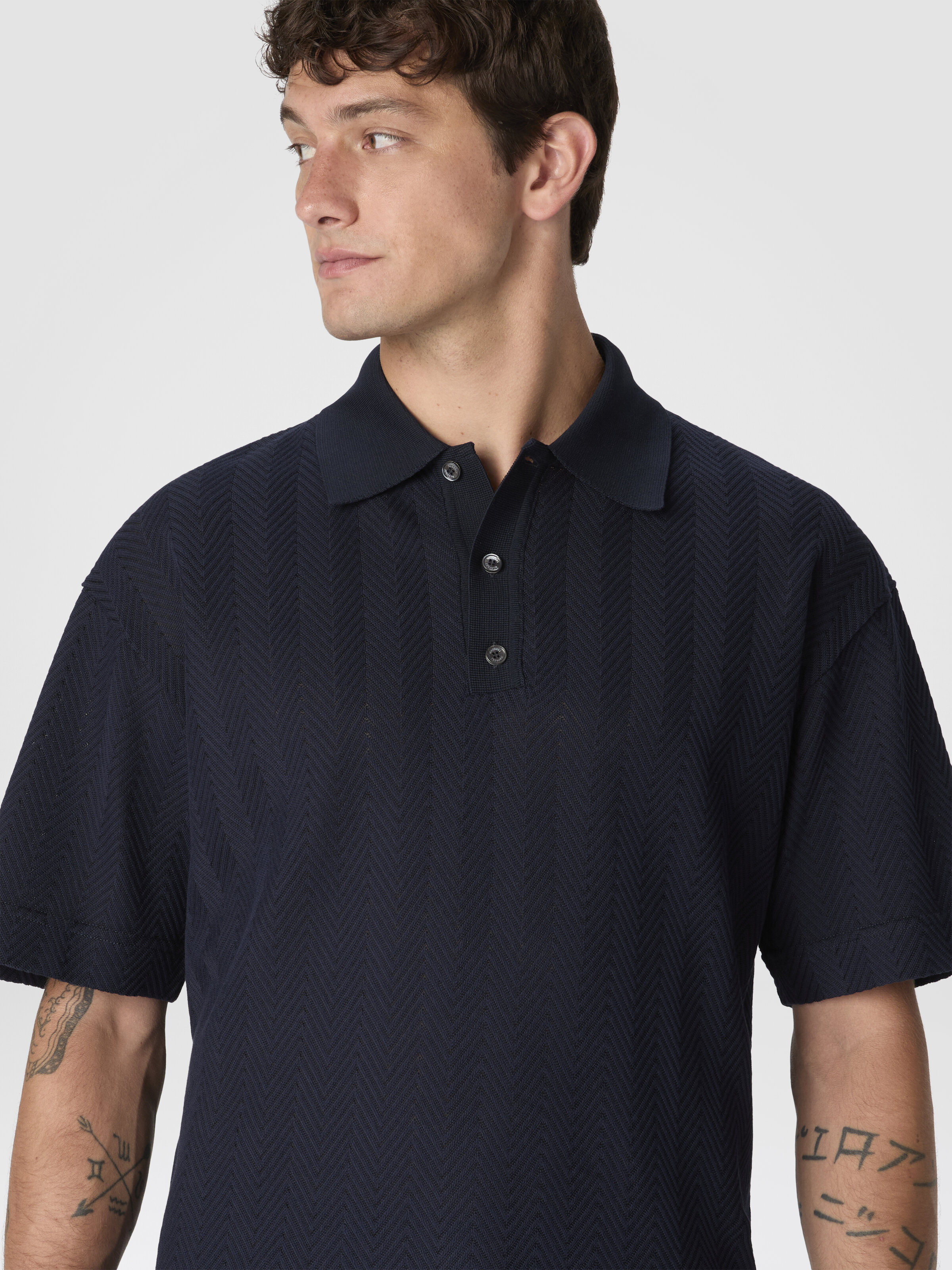 Cotton and viscose polo shirt with tone-on-tone zigzag, Blue - 3