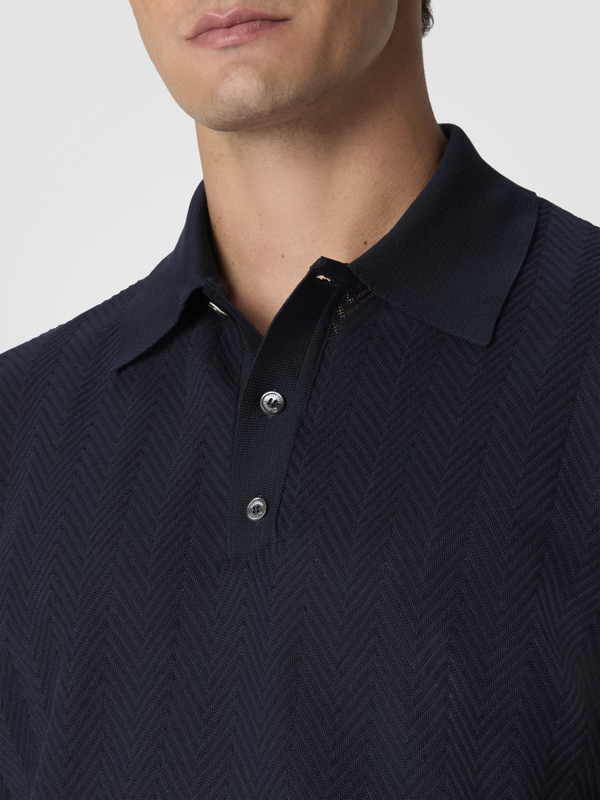 Cotton and viscose polo shirt with tone-on-tone zigzag, Blue - 4