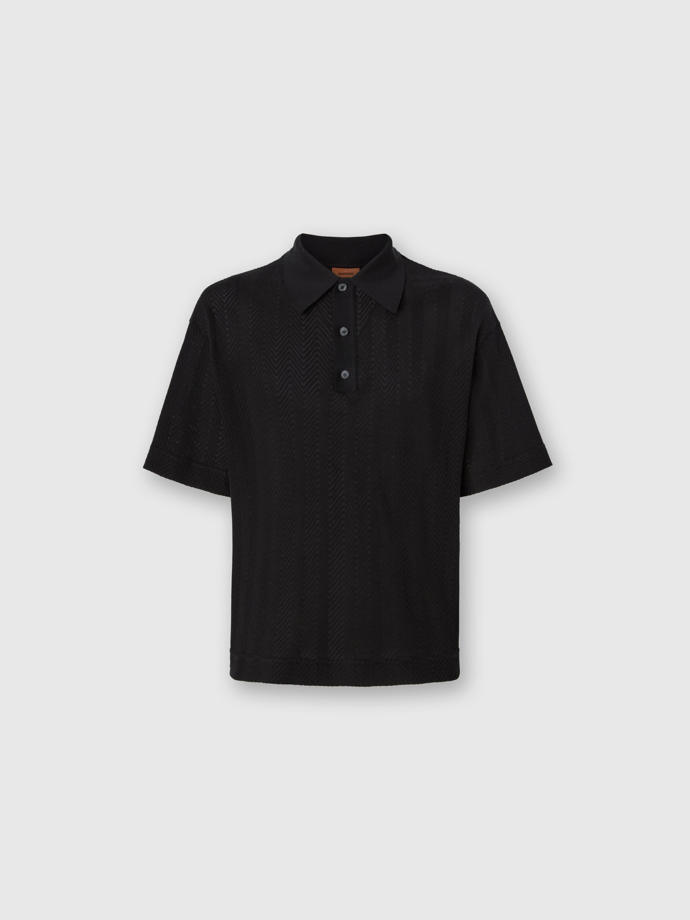 Cotton and viscose polo shirt with tone-on-tone zigzag, Black - 0