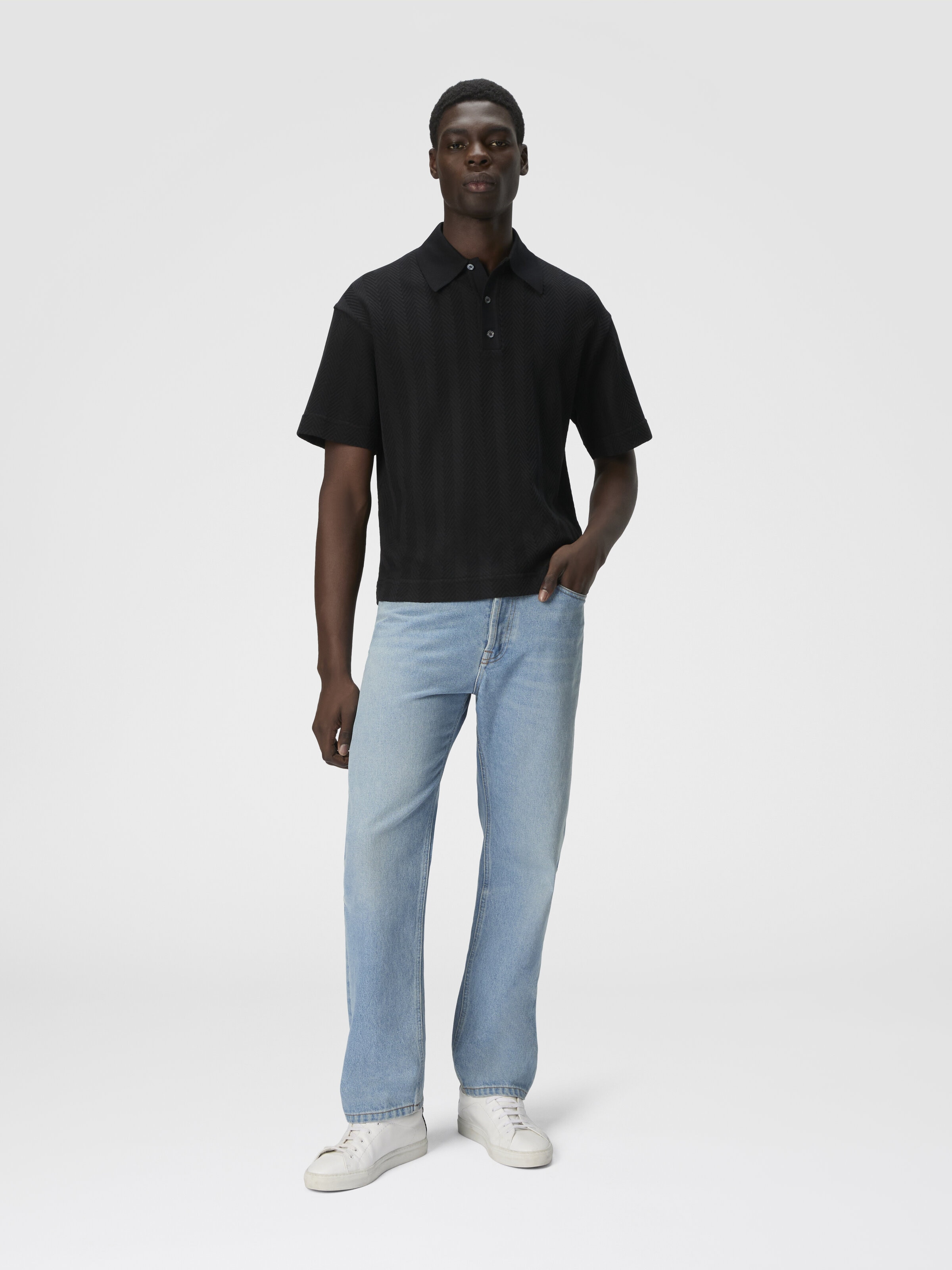 Cotton and viscose polo shirt with tone-on-tone zigzag, Black - 1