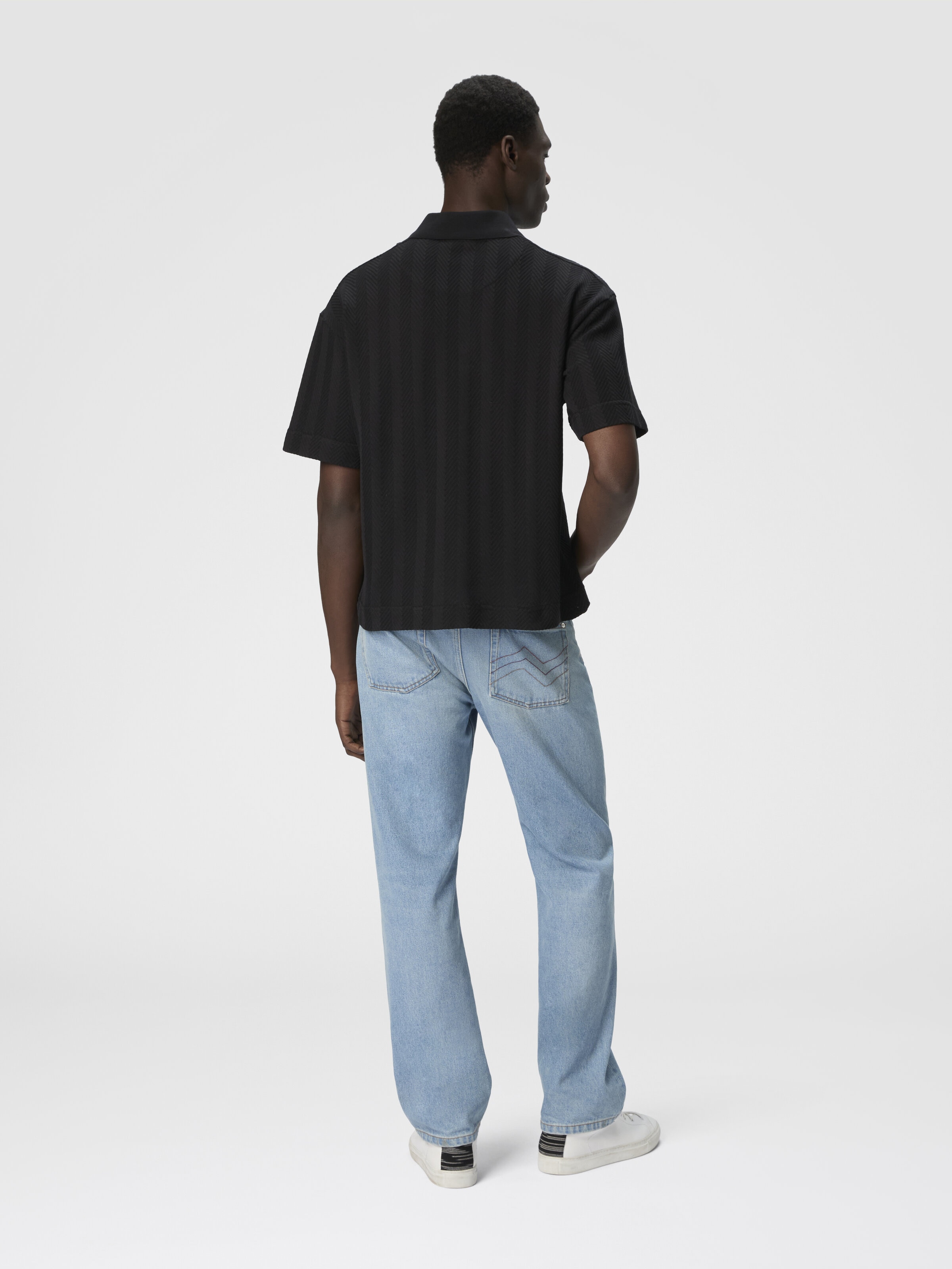 Cotton and viscose polo shirt with tone-on-tone zigzag, Black - 2