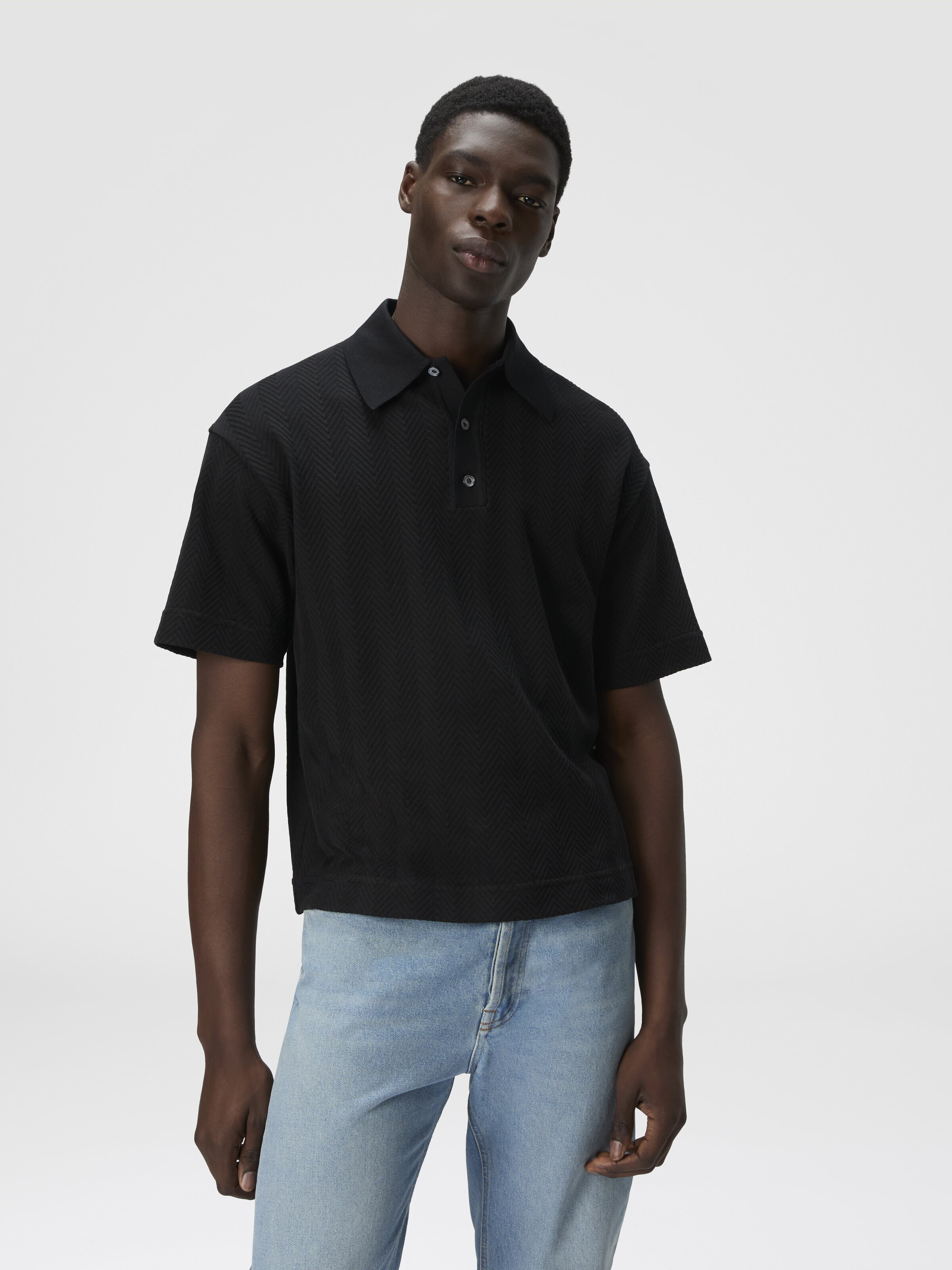 Cotton and viscose polo shirt with tone-on-tone zigzag, Black - 3