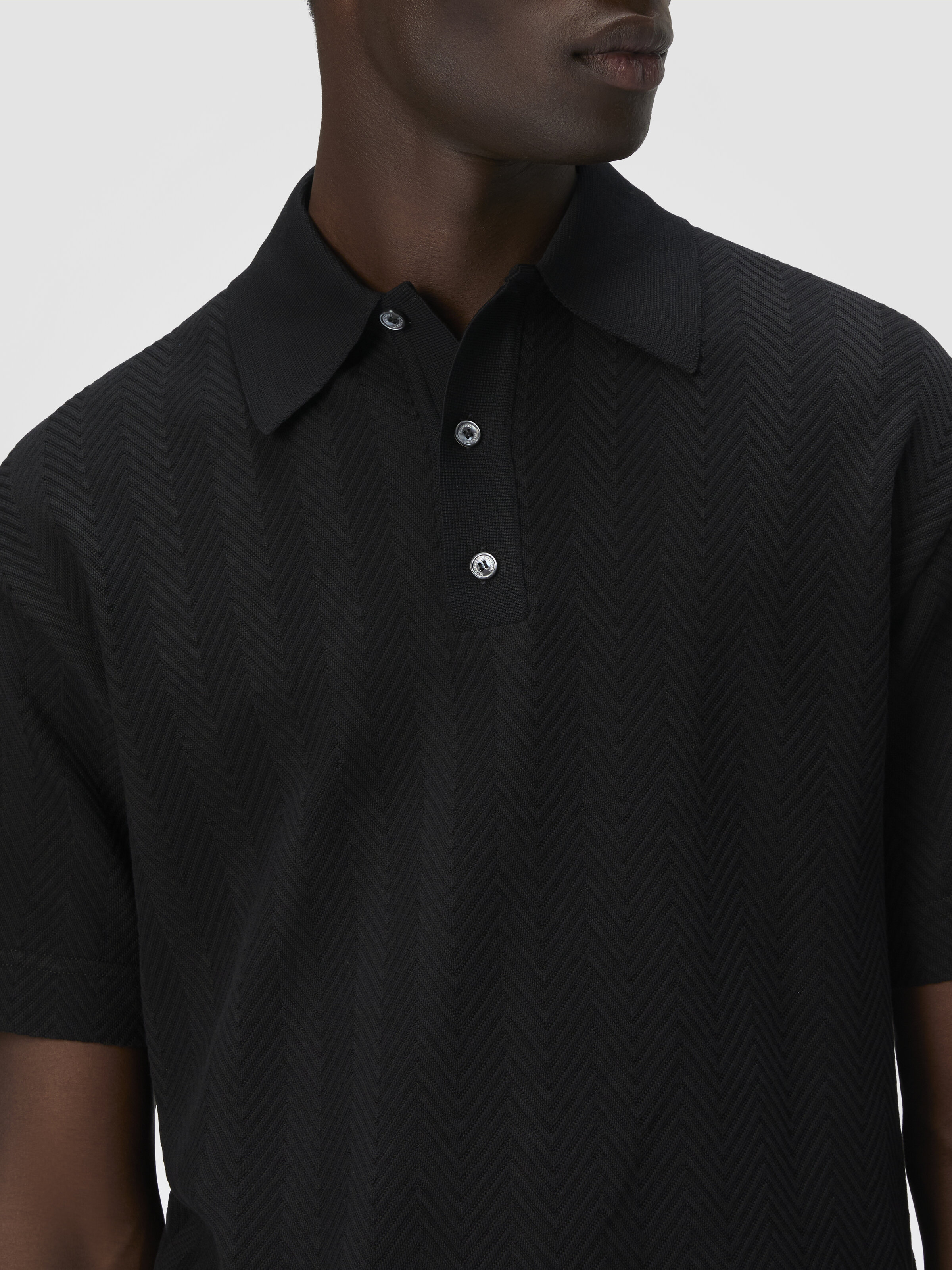 Cotton and viscose polo shirt with tone-on-tone zigzag, Black - 4