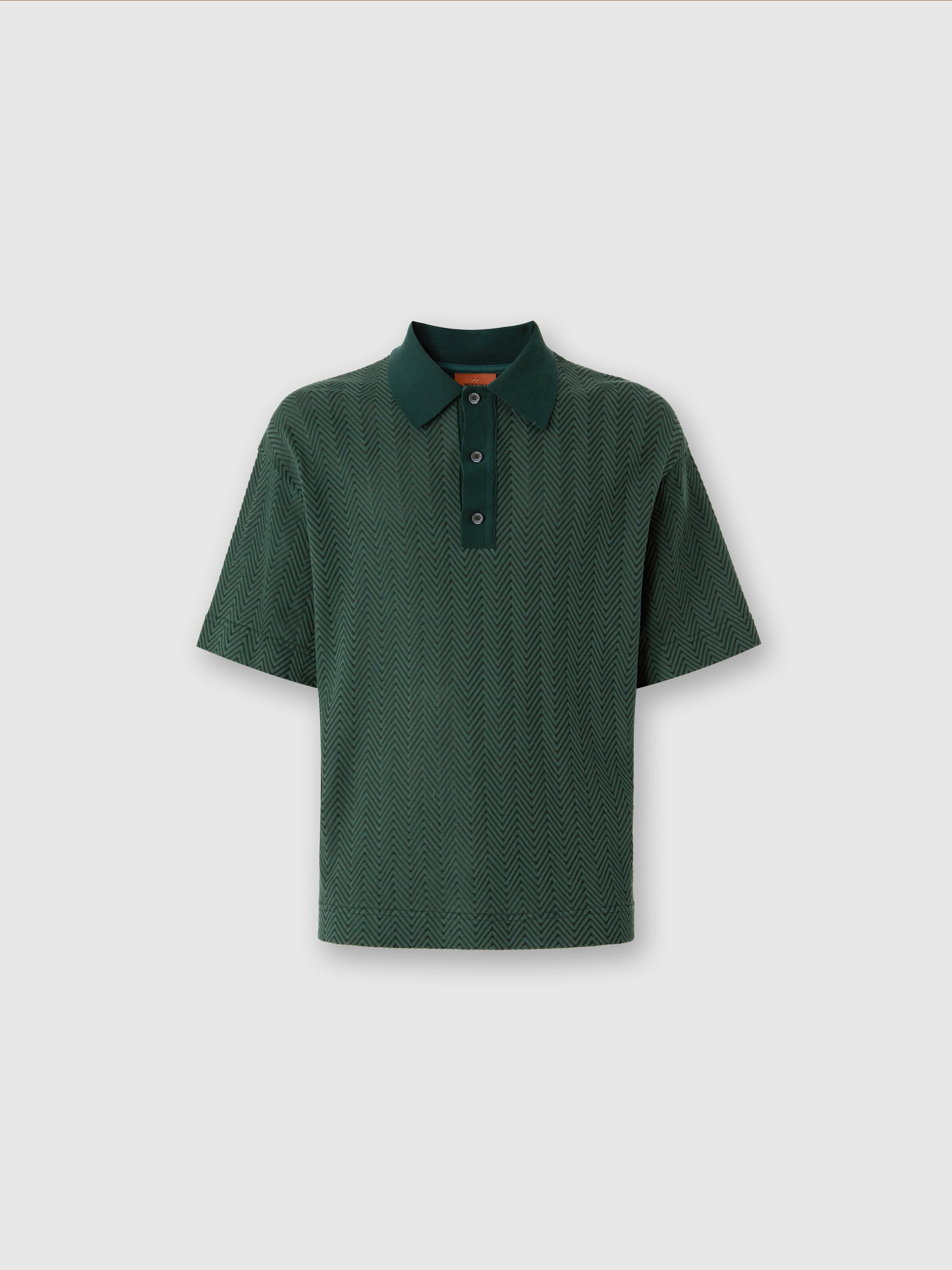 Cotton and viscose polo shirt with tone-on-tone zigzag, Green - 0