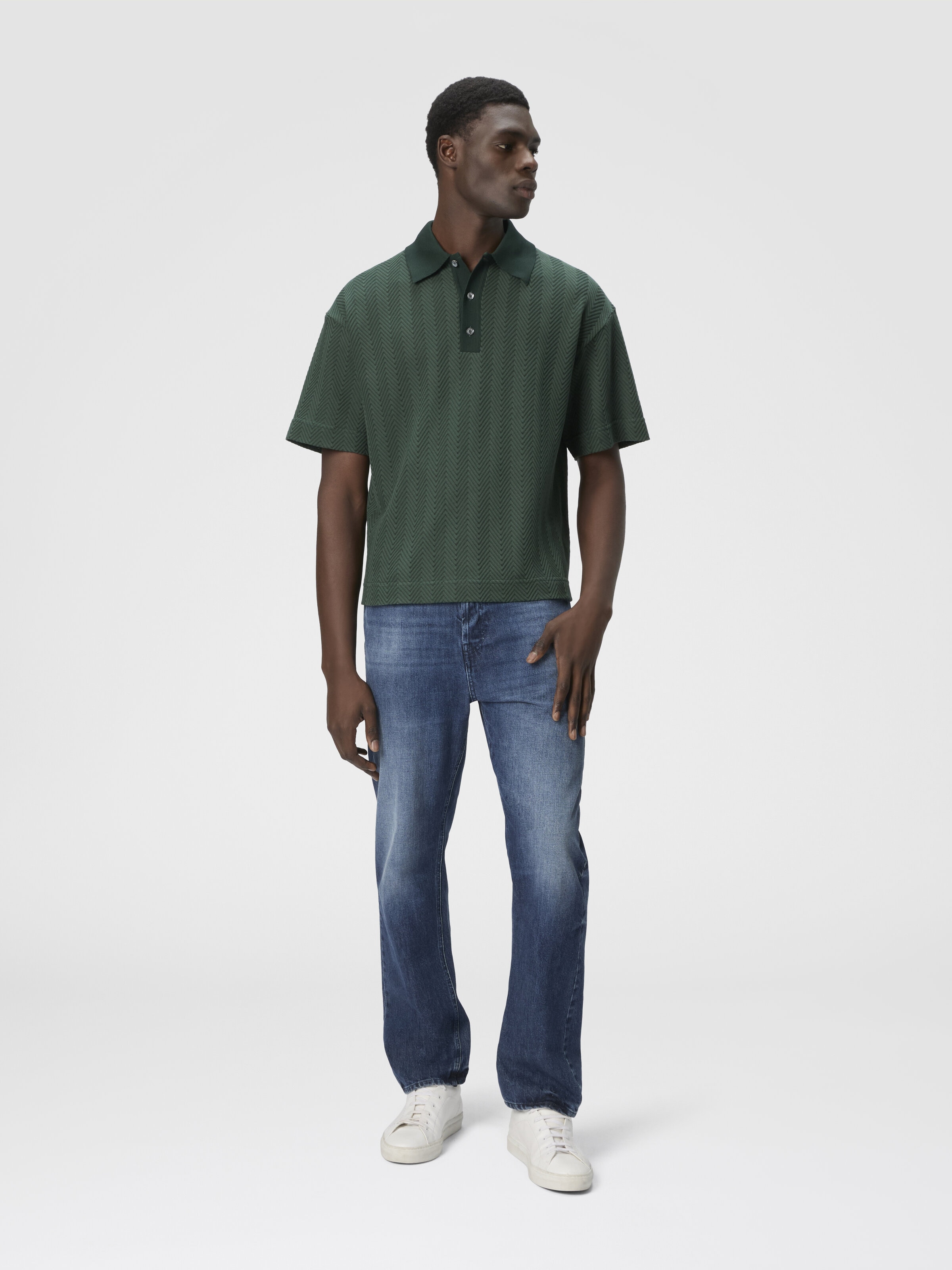 Cotton and viscose polo shirt with tone-on-tone zigzag, Green - 1