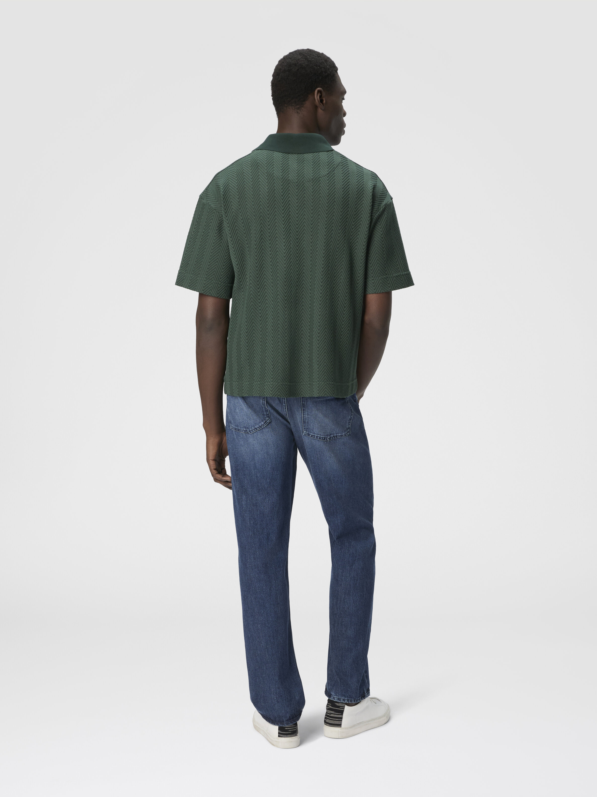 Cotton and viscose polo shirt with tone-on-tone zigzag, Green - 2