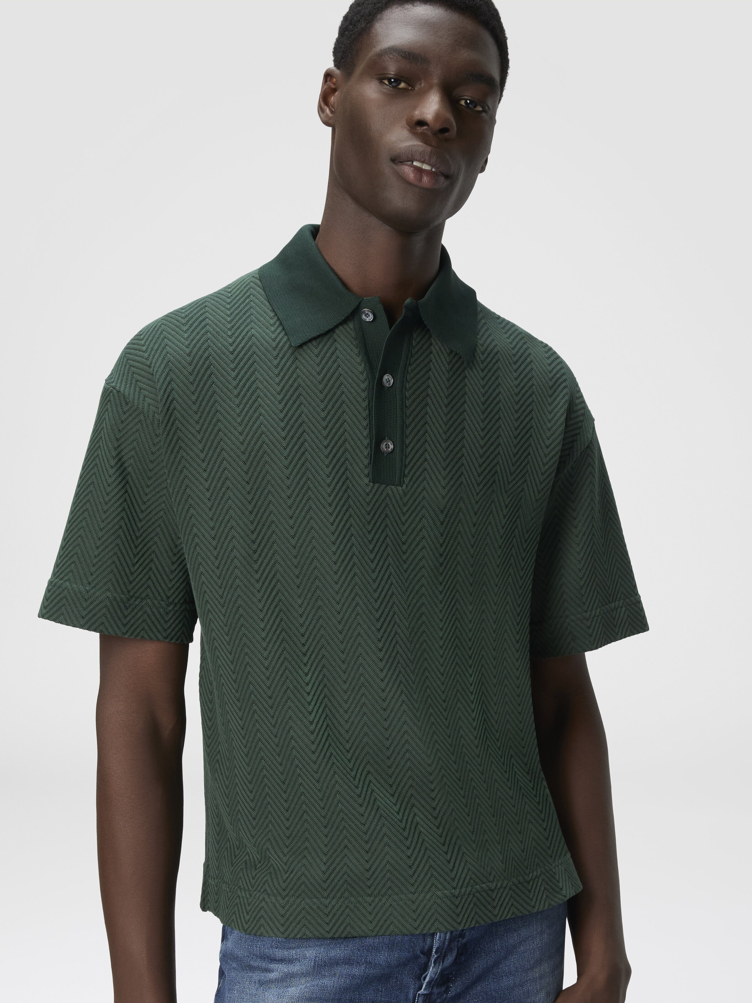 Cotton and viscose polo shirt with tone-on-tone zigzag, Green - 3