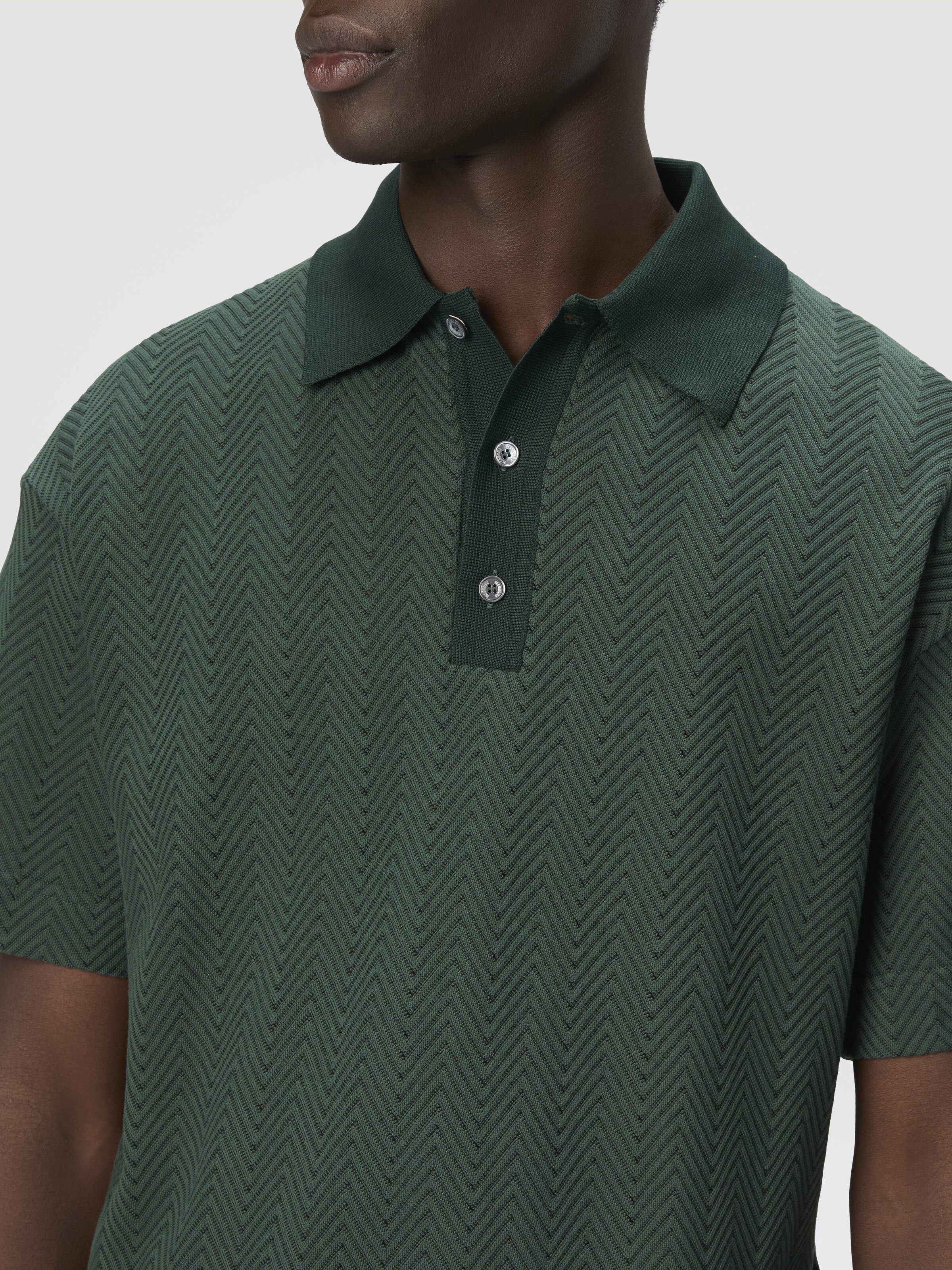 Cotton and viscose polo shirt with tone-on-tone zigzag, Green - 4