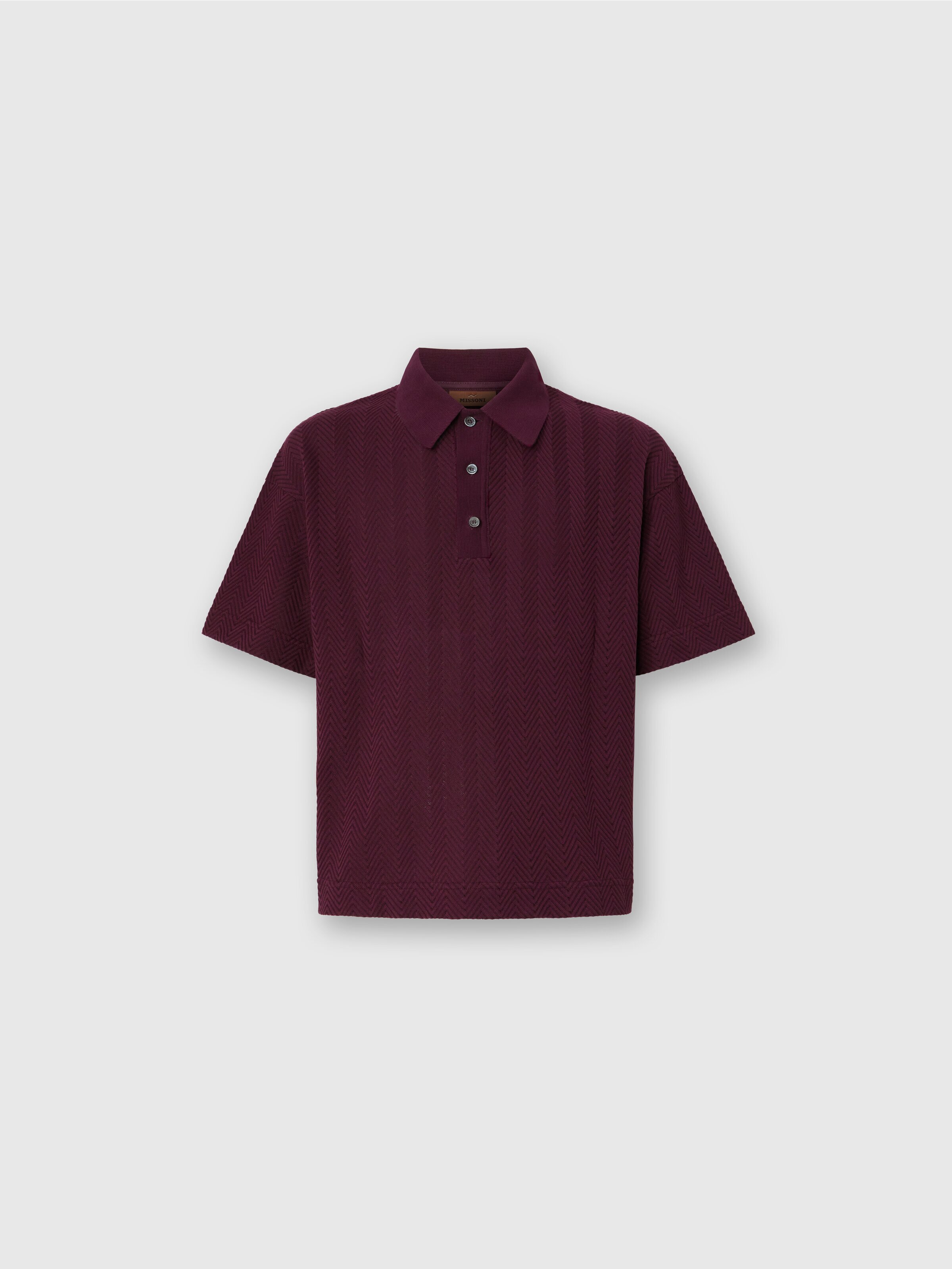 Cotton and viscose polo shirt with tone-on-tone zigzag, Burgundy - 0