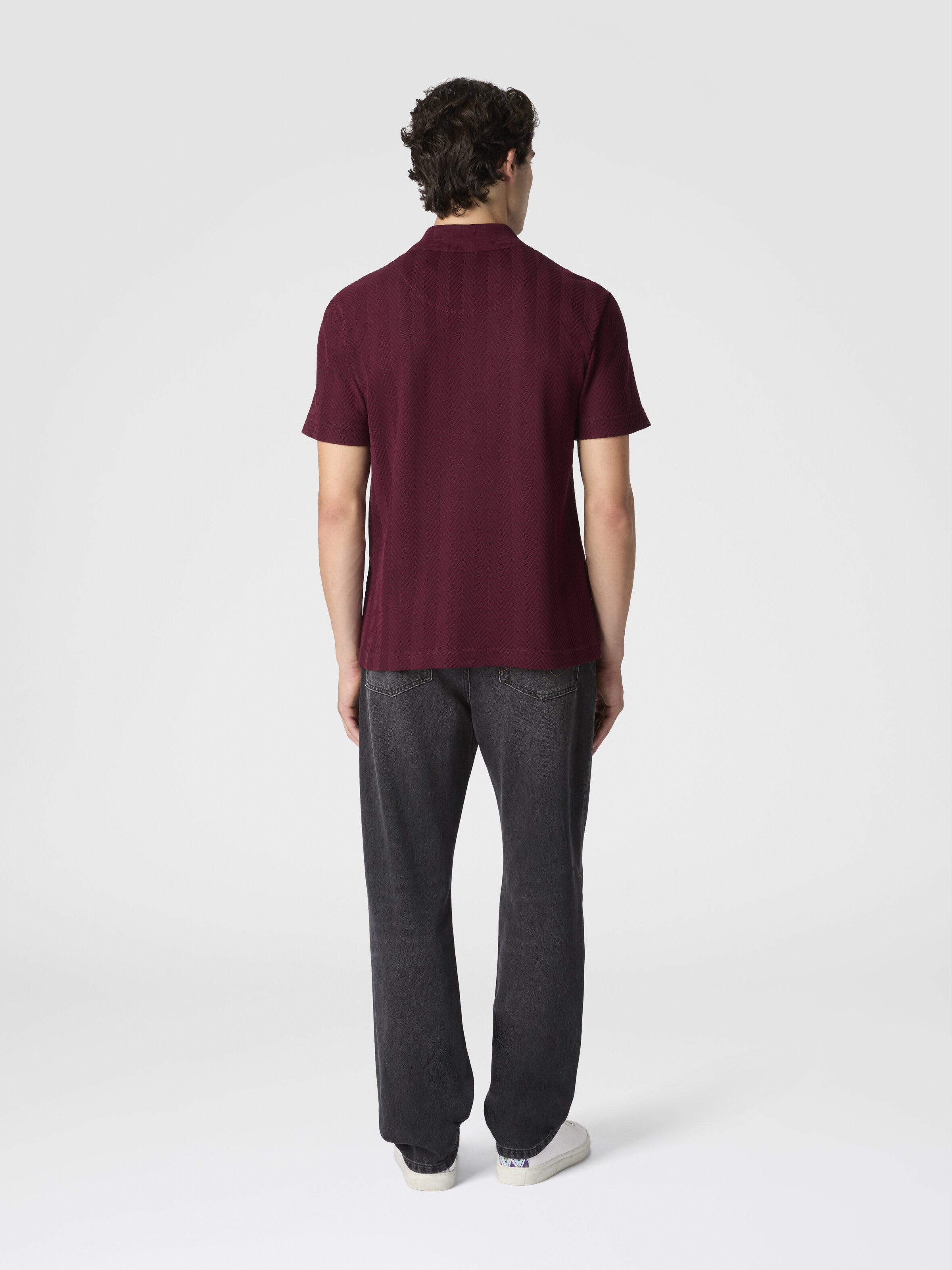 Cotton and viscose polo shirt with tone-on-tone zigzag, Burgundy - 2