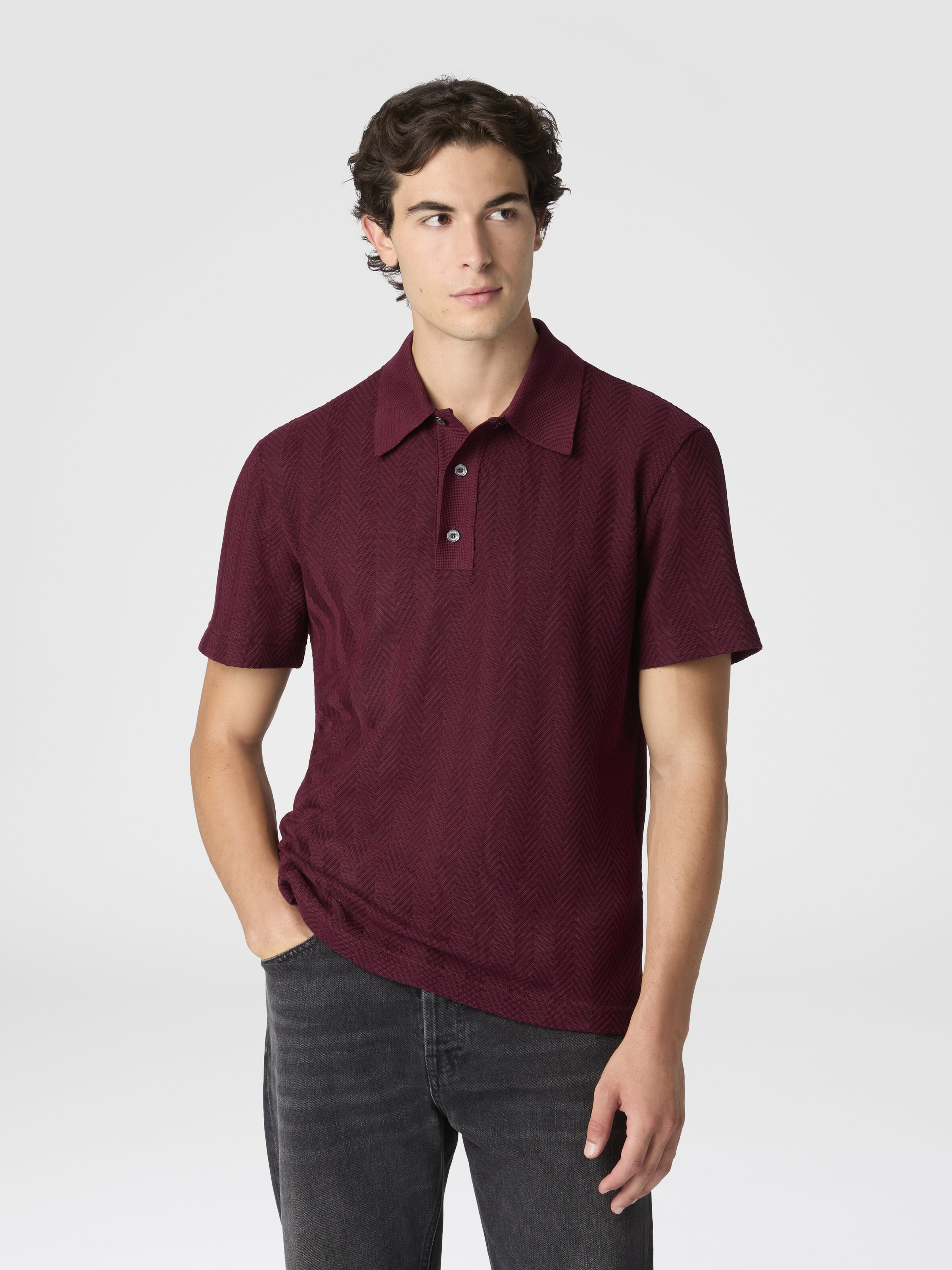 Cotton and viscose polo shirt with tone-on-tone zigzag, Burgundy - 3